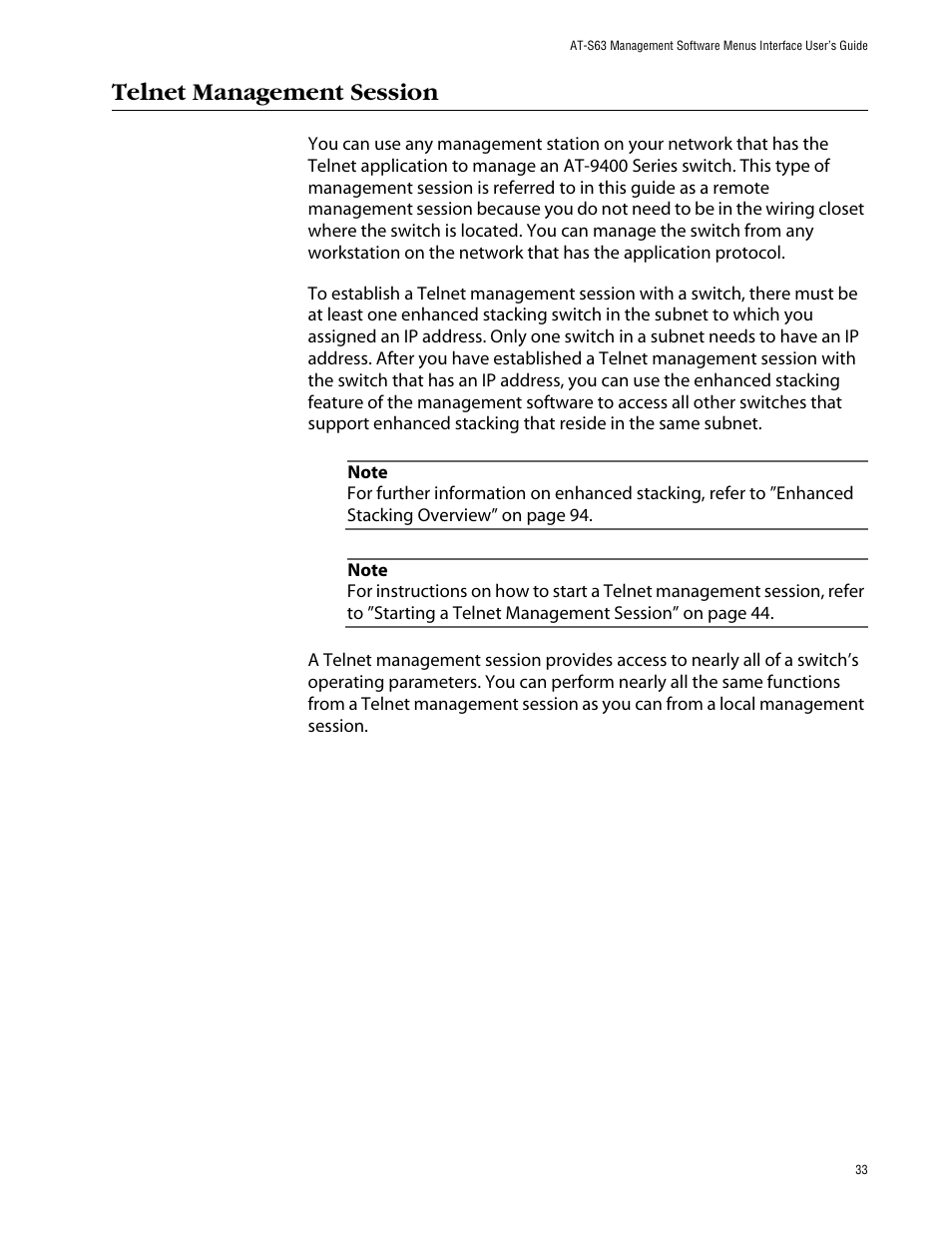 Telnet management session | Allied Telesis AT-S63 User Manual | Page 33 / 710