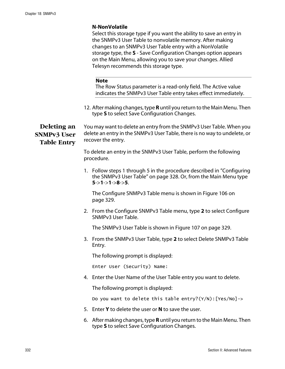 Deleting an snmpv3 user table entry | Allied Telesis AT-S63 User Manual | Page 332 / 710