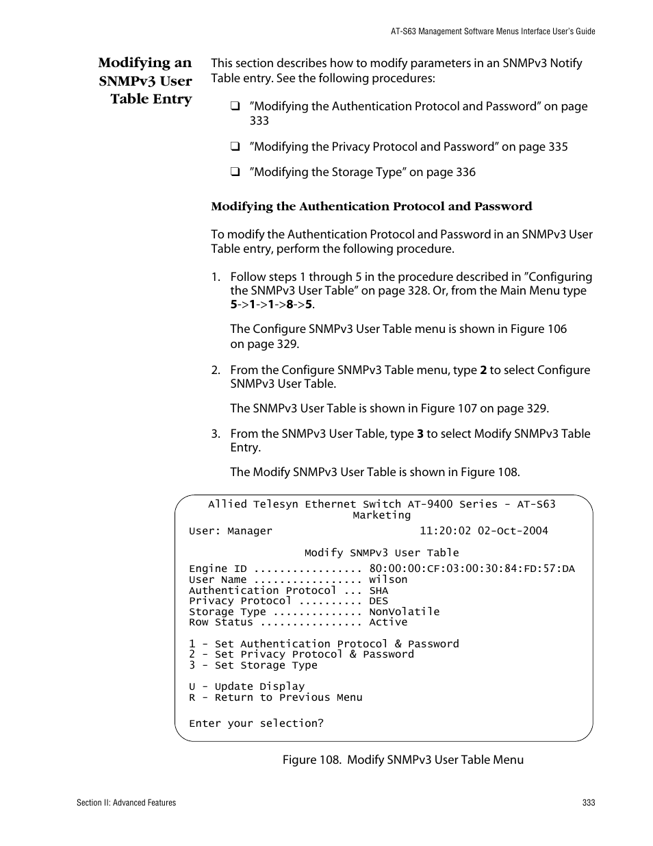 Modifying an snmpv3 user table entry, Modifying the authentication protocol and password | Allied Telesis AT-S63 User Manual | Page 333 / 710