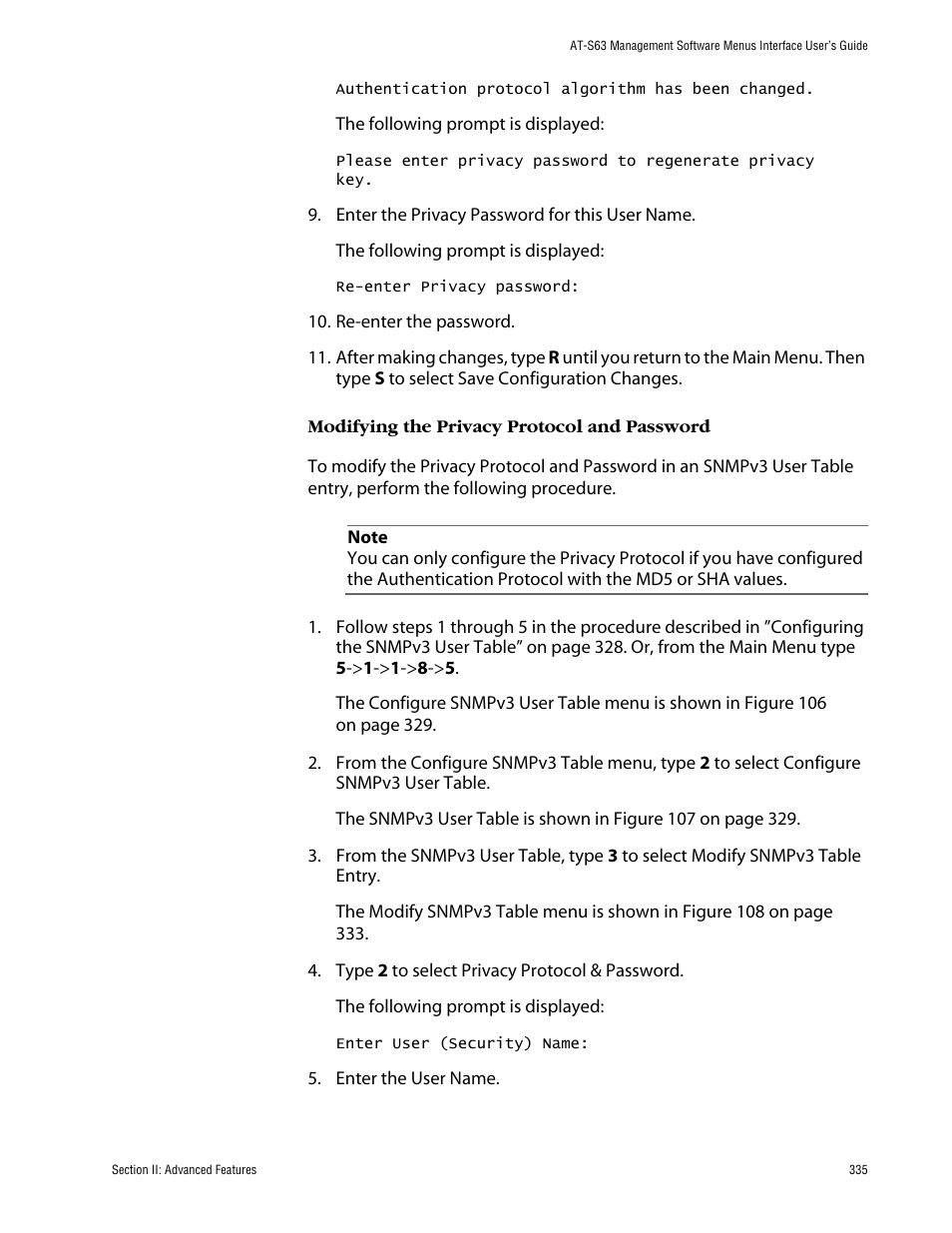Modifying the privacy protocol and password | Allied Telesis AT-S63 User Manual | Page 335 / 710
