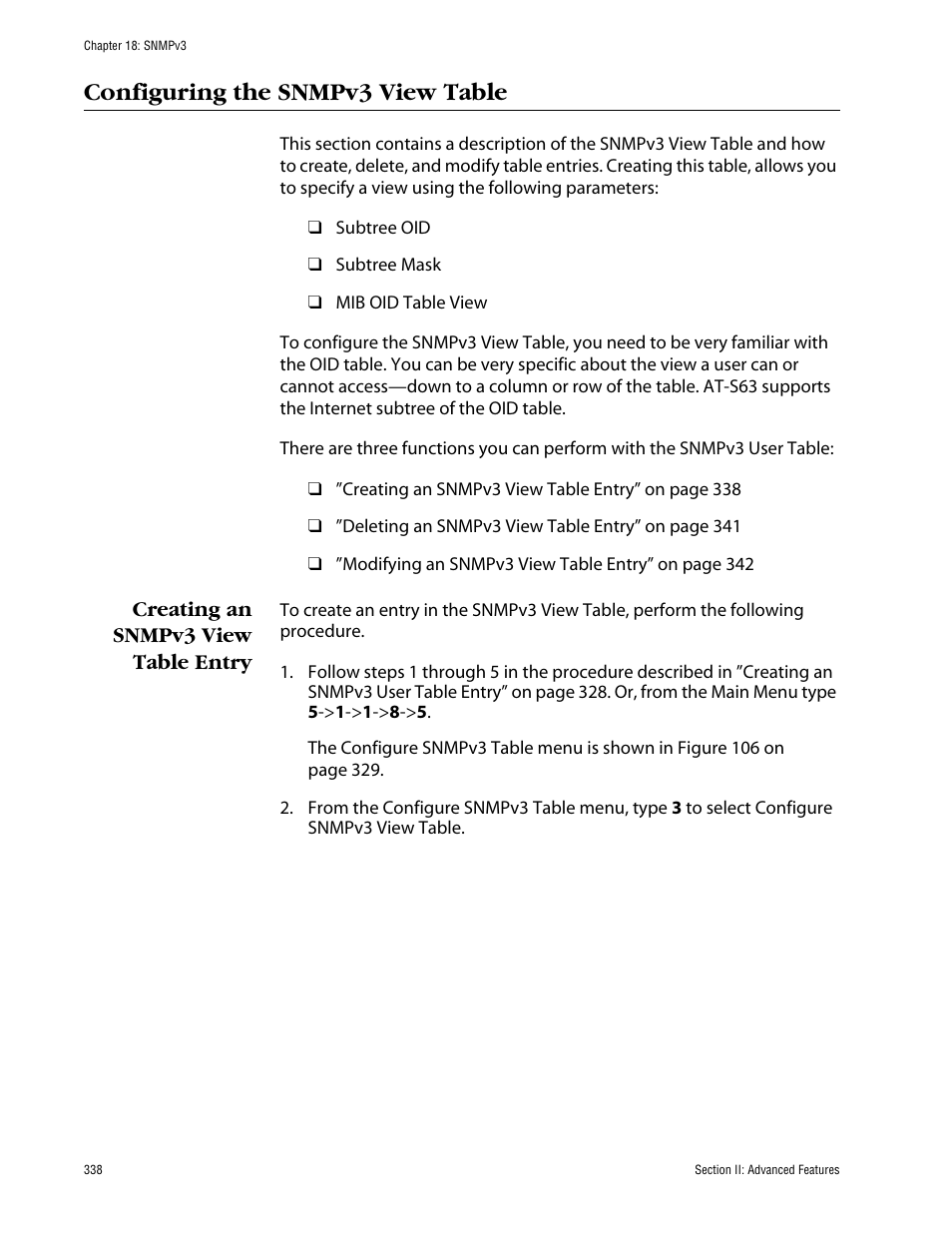 Configuring the snmpv3 view table, Creating an snmpv3 view table entry | Allied Telesis AT-S63 User Manual | Page 338 / 710