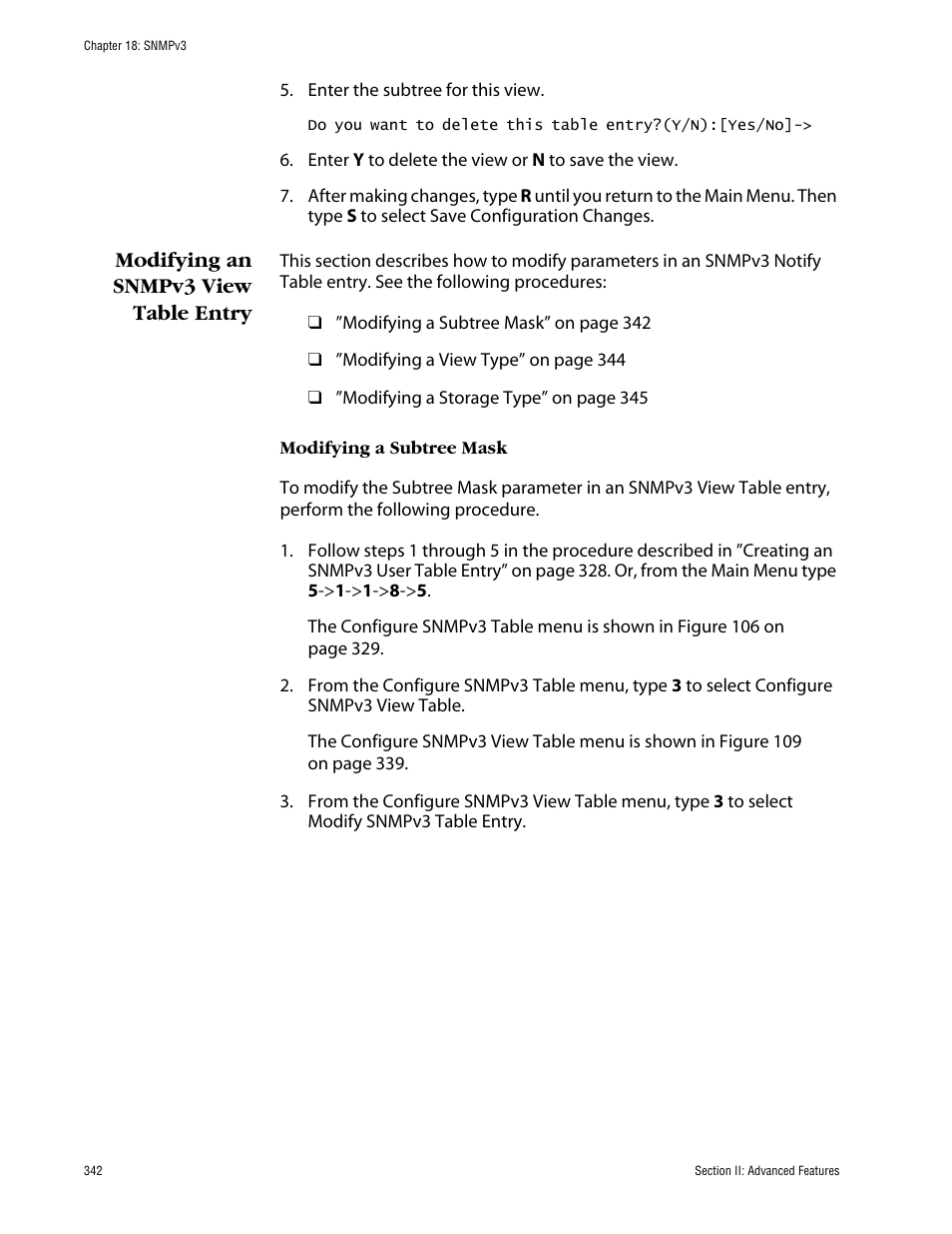 Modifying an snmpv3 view table entry, Modifying a subtree mask | Allied Telesis AT-S63 User Manual | Page 342 / 710