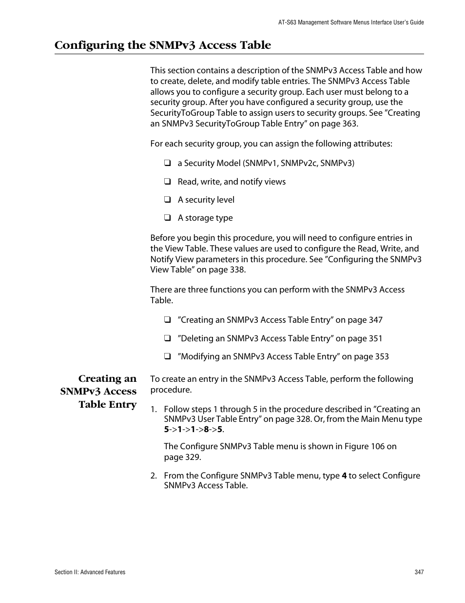 Configuring the snmpv3 access table, Creating an snmpv3 access table entry | Allied Telesis AT-S63 User Manual | Page 347 / 710