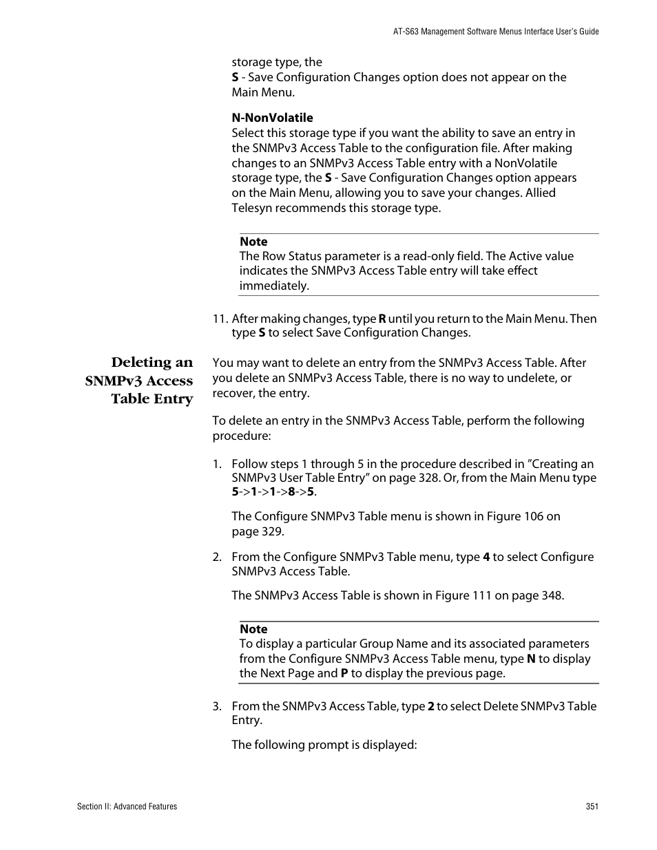 Deleting an snmpv3 access table entry | Allied Telesis AT-S63 User Manual | Page 351 / 710