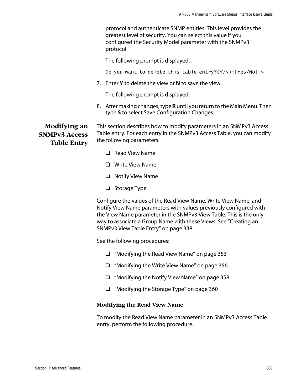 Modifying an snmpv3 access table entry, Modifying the read view name | Allied Telesis AT-S63 User Manual | Page 353 / 710
