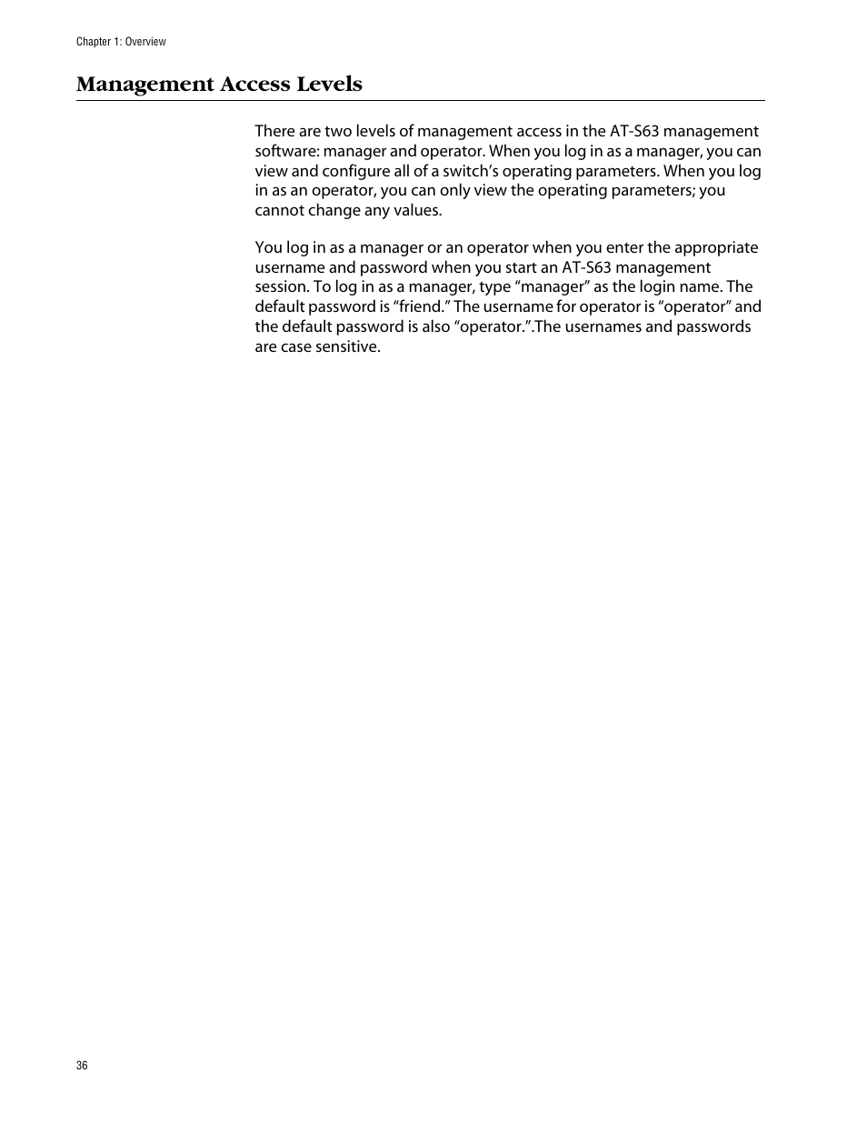 Management access levels | Allied Telesis AT-S63 User Manual | Page 36 / 710