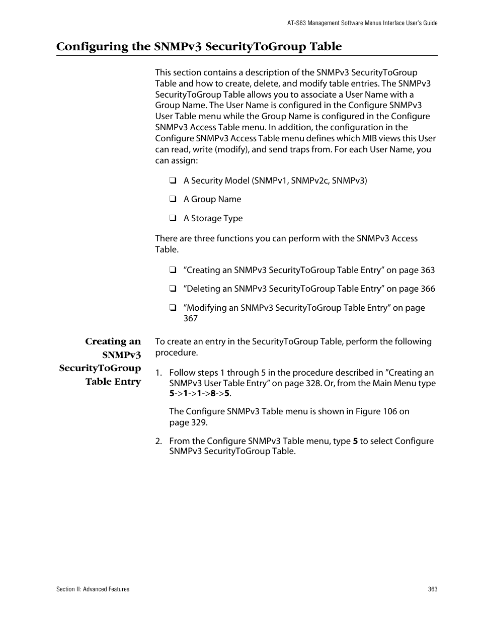 Configuring the snmpv3 securitytogroup table, Creating an snmpv3 securitytogroup table entry | Allied Telesis AT-S63 User Manual | Page 363 / 710