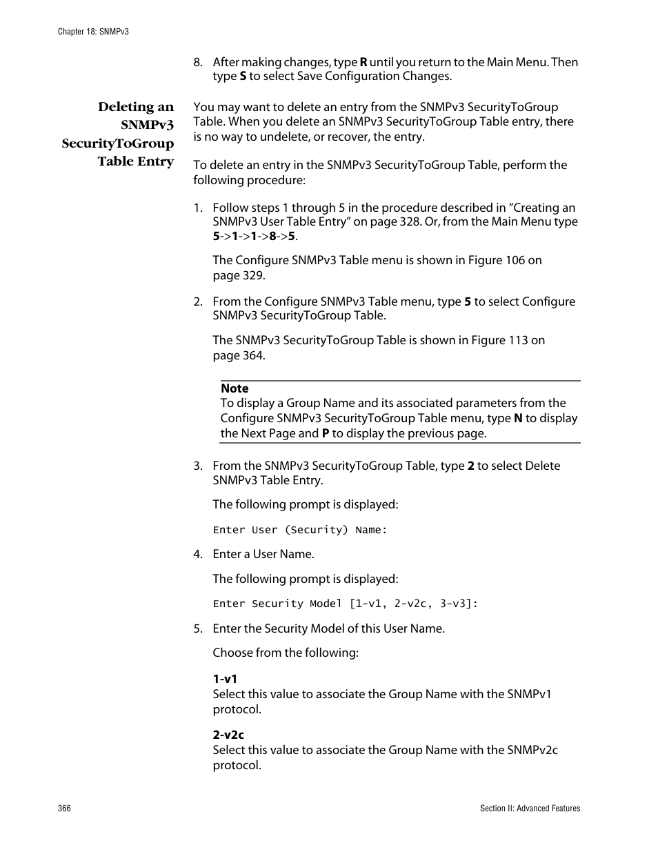 Deleting an snmpv3 securitytogroup table entry | Allied Telesis AT-S63 User Manual | Page 366 / 710