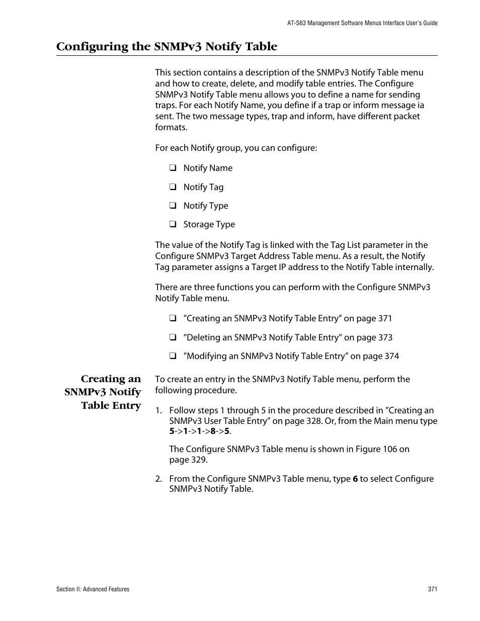 Configuring the snmpv3 notify table, Creating an snmpv3 notify table entry | Allied Telesis AT-S63 User Manual | Page 371 / 710