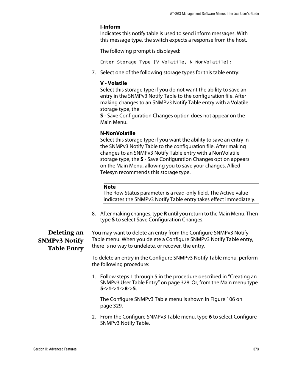 Deleting an snmpv3 notify table entry | Allied Telesis AT-S63 User Manual | Page 373 / 710