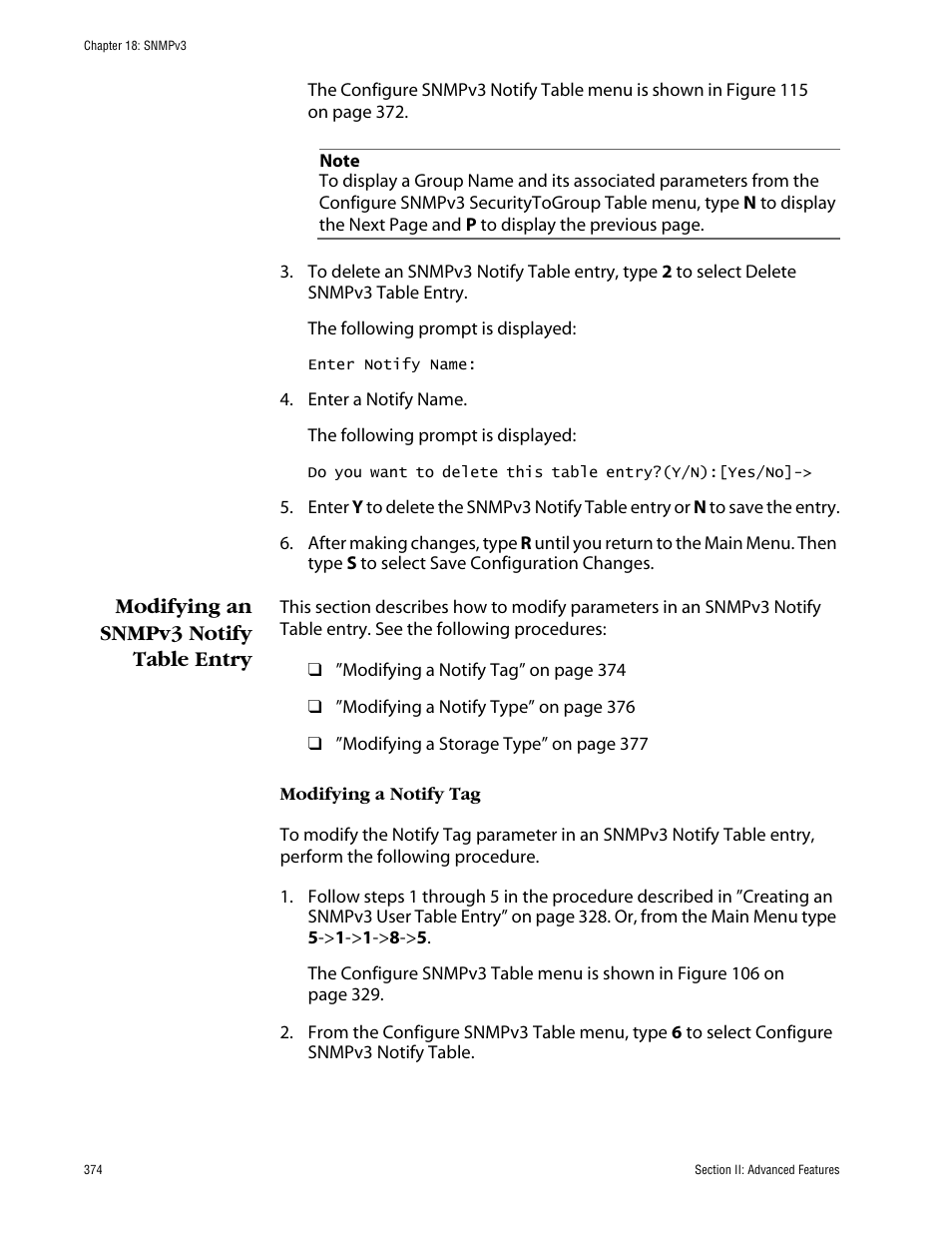 Modifying an snmpv3 notify table entry, Modifying a notify tag | Allied Telesis AT-S63 User Manual | Page 374 / 710