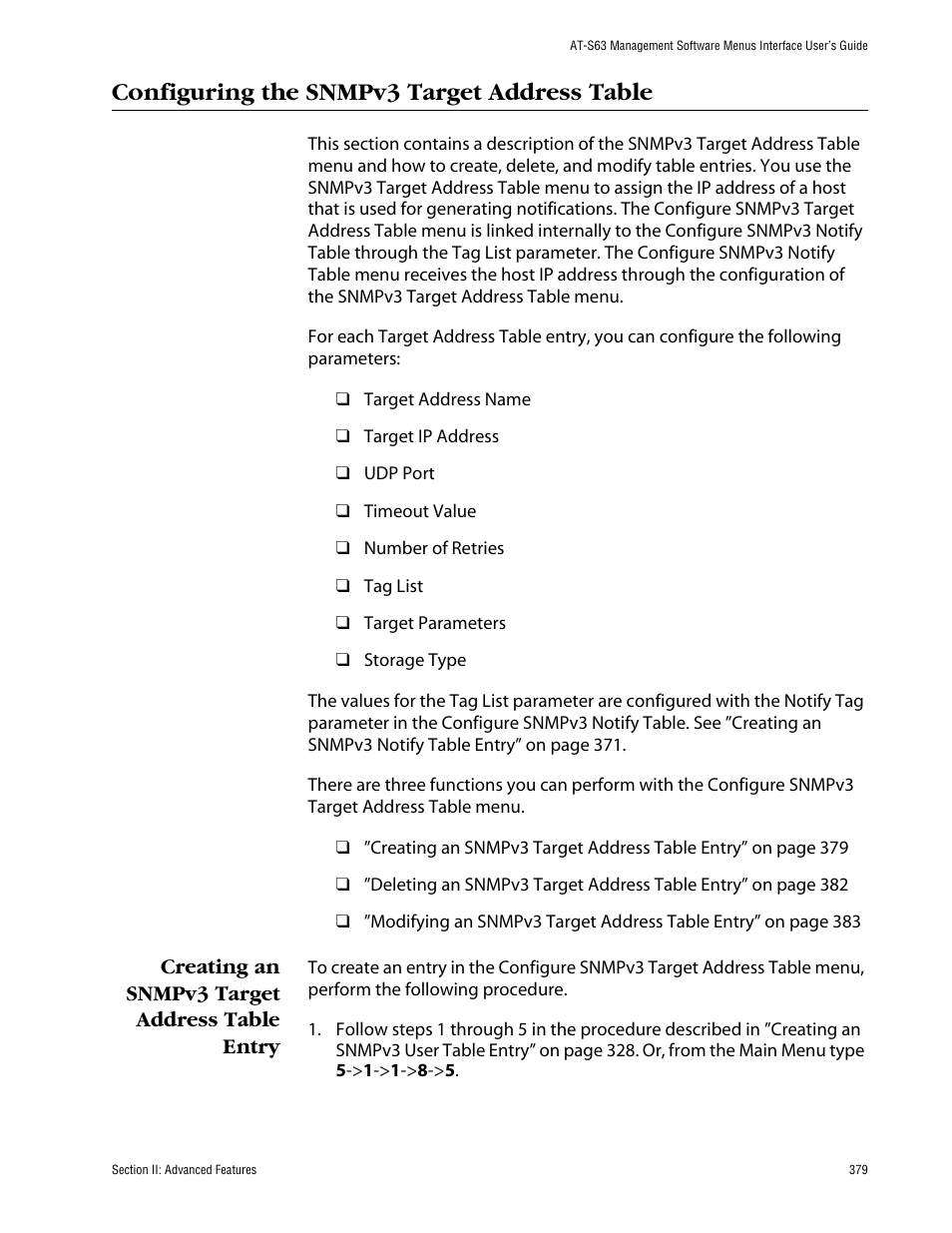 Configuring the snmpv3 target address table, Creating an snmpv3 target address table entry | Allied Telesis AT-S63 User Manual | Page 379 / 710