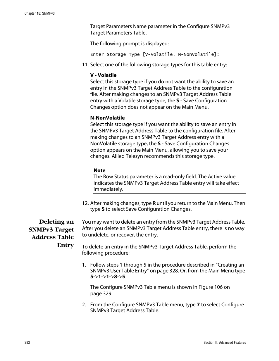 Deleting an snmpv3 target address table entry | Allied Telesis AT-S63 User Manual | Page 382 / 710
