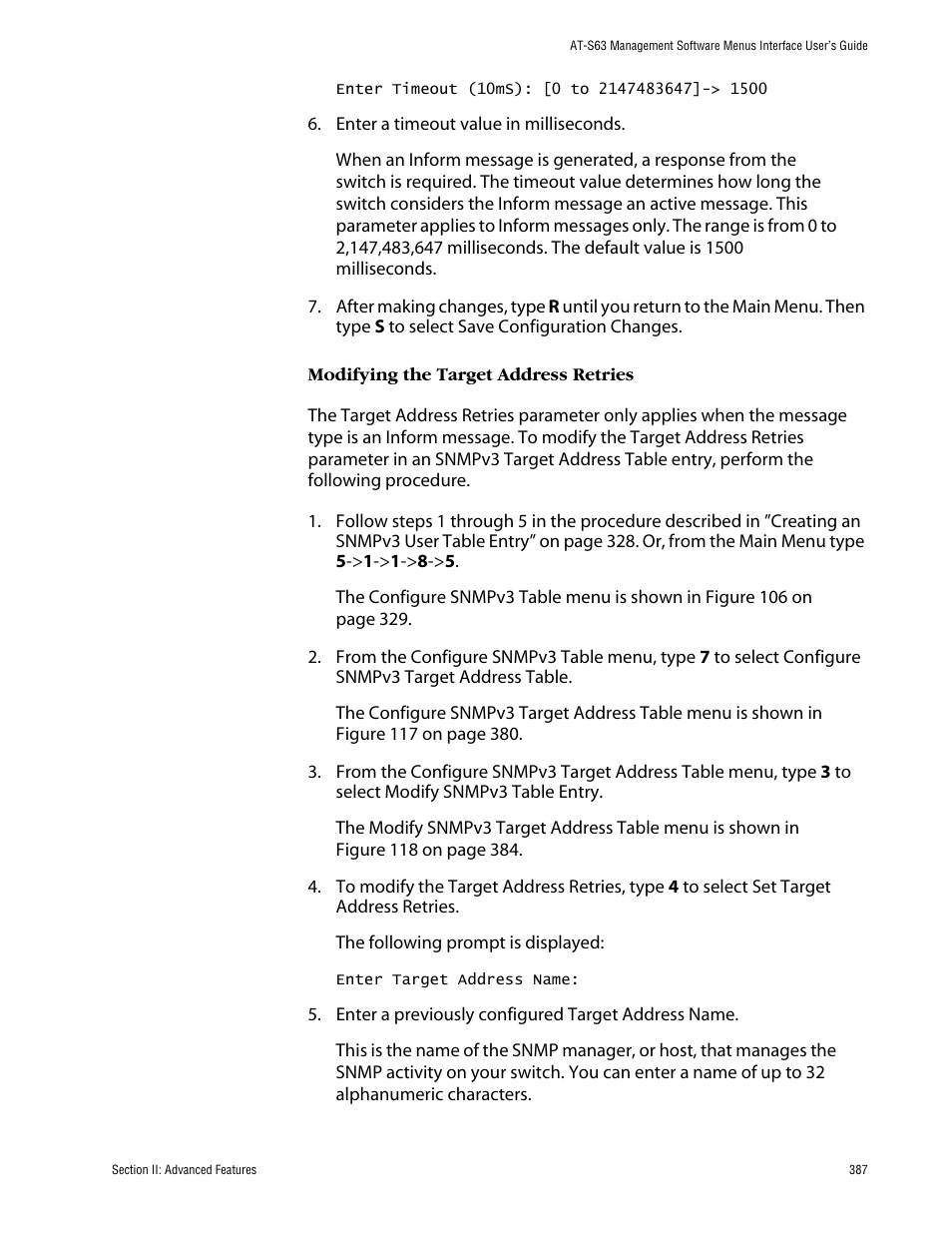 Modifying the target address retries | Allied Telesis AT-S63 User Manual | Page 387 / 710