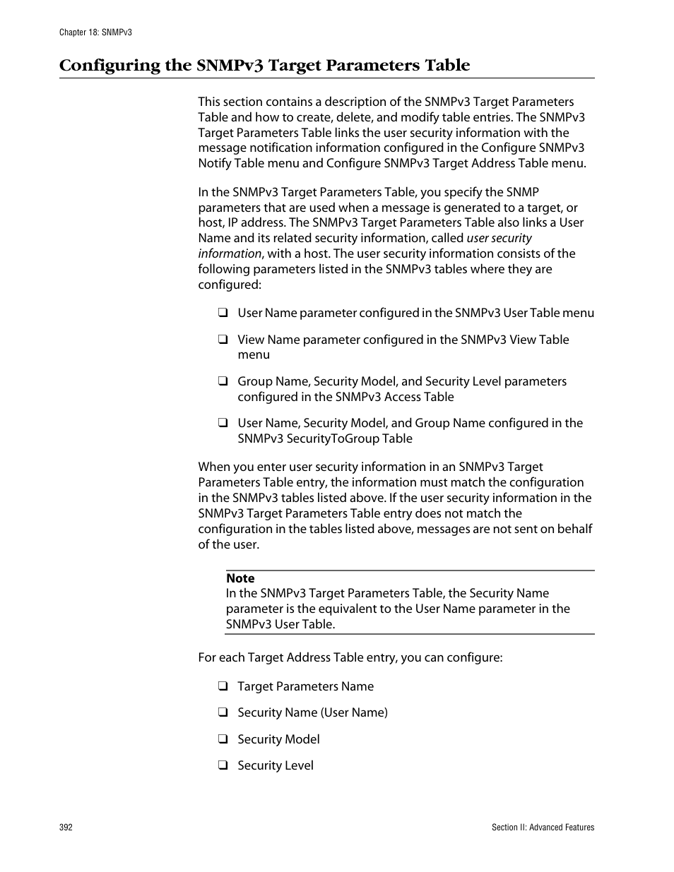 Configuring the snmpv3 target parameters table | Allied Telesis AT-S63 User Manual | Page 392 / 710