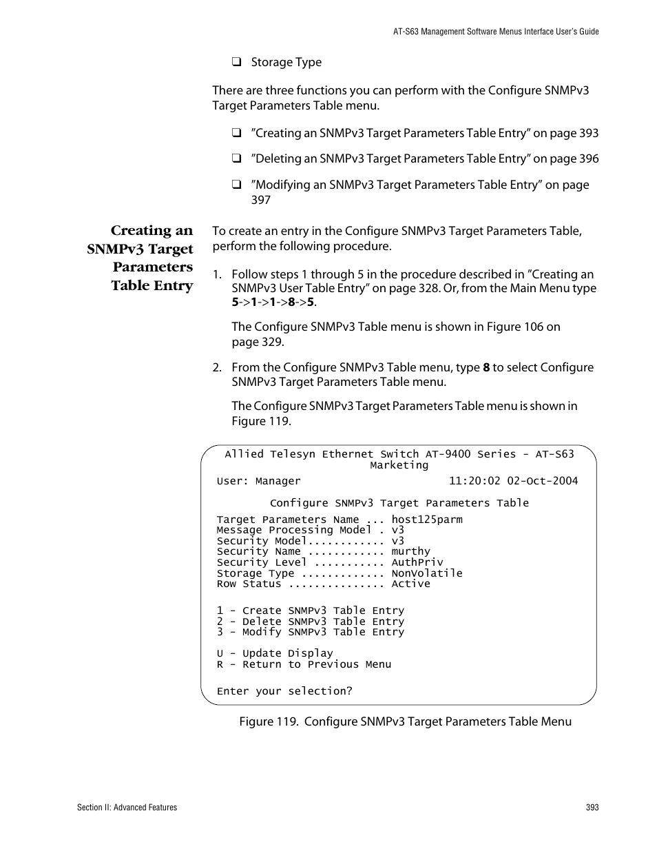 Creating an snmpv3 target parameters table entry | Allied Telesis AT-S63 User Manual | Page 393 / 710