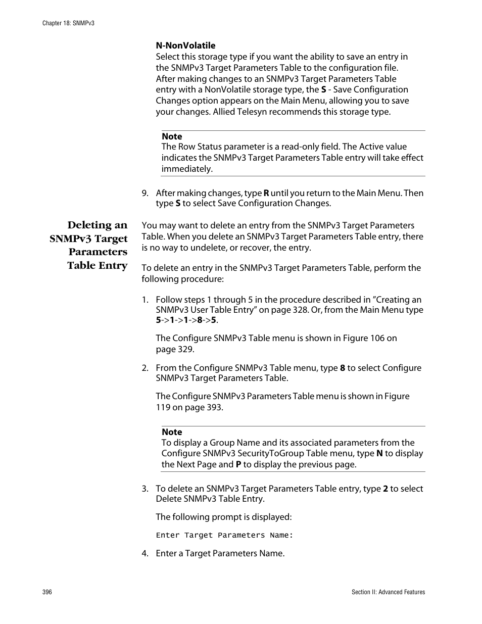 Deleting an snmpv3 target parameters table entry | Allied Telesis AT-S63 User Manual | Page 396 / 710