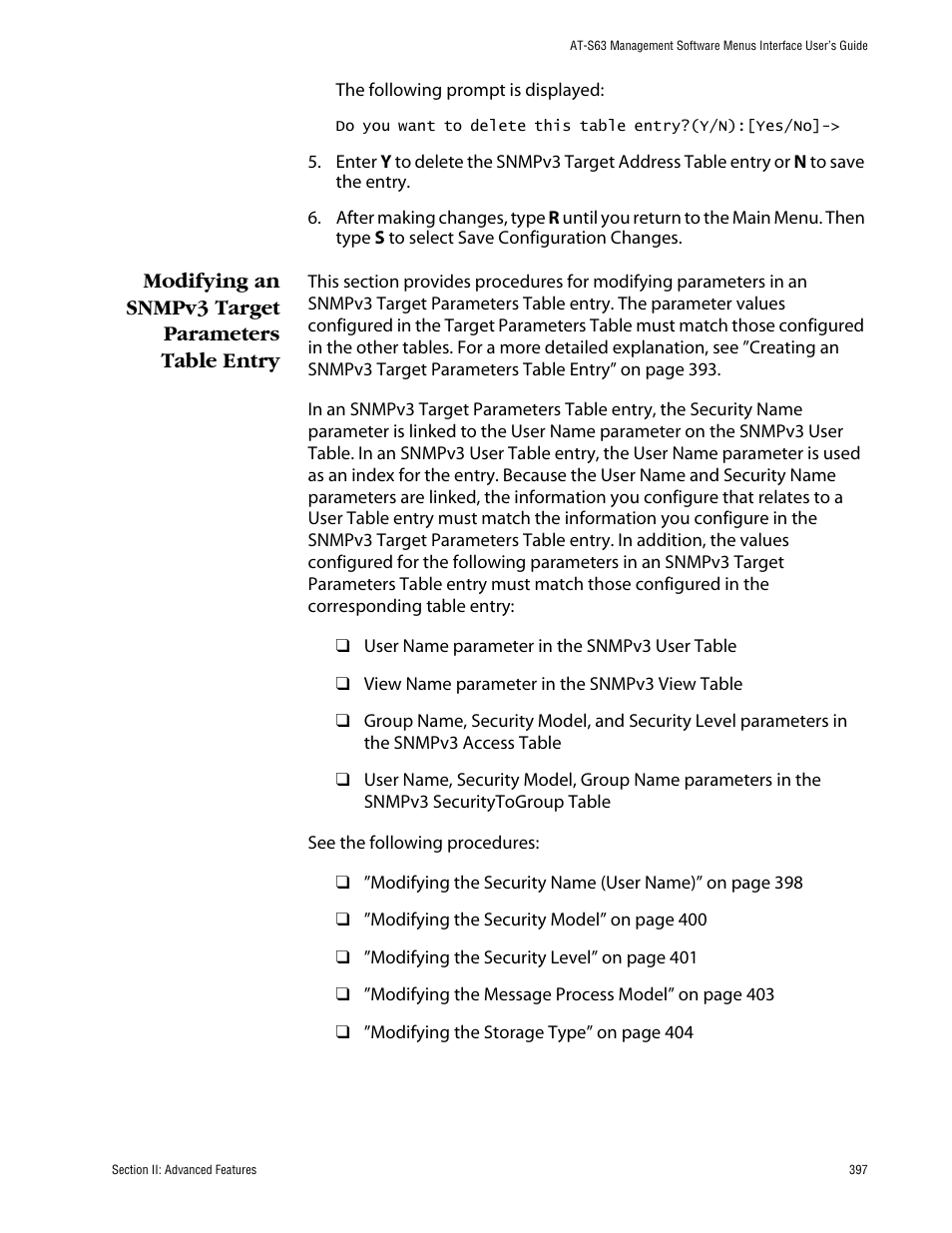 Modifying an snmpv3 target parameters table entry | Allied Telesis AT-S63 User Manual | Page 397 / 710