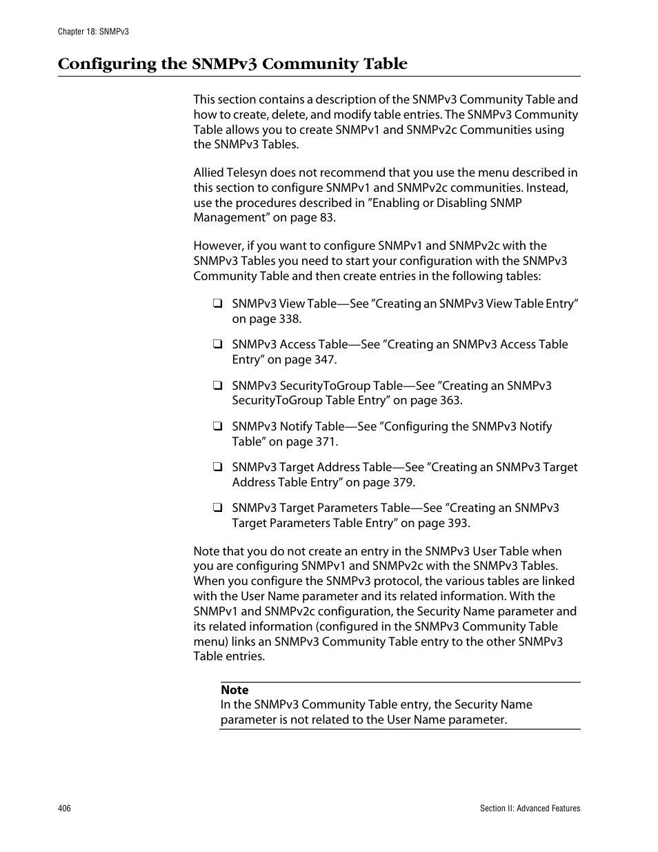 Configuring the snmpv3 community table | Allied Telesis AT-S63 User Manual | Page 406 / 710