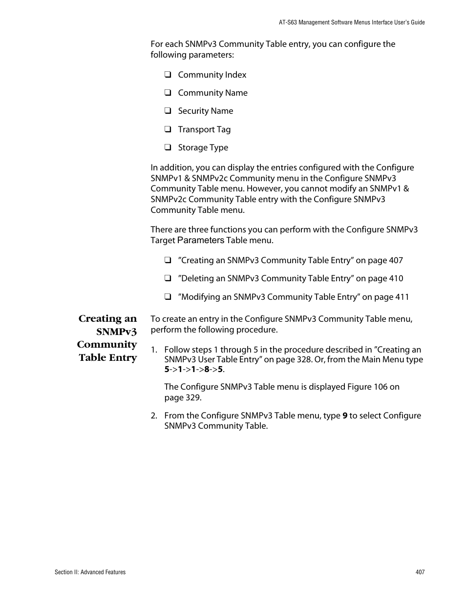 Creating an snmpv3 community table entry | Allied Telesis AT-S63 User Manual | Page 407 / 710