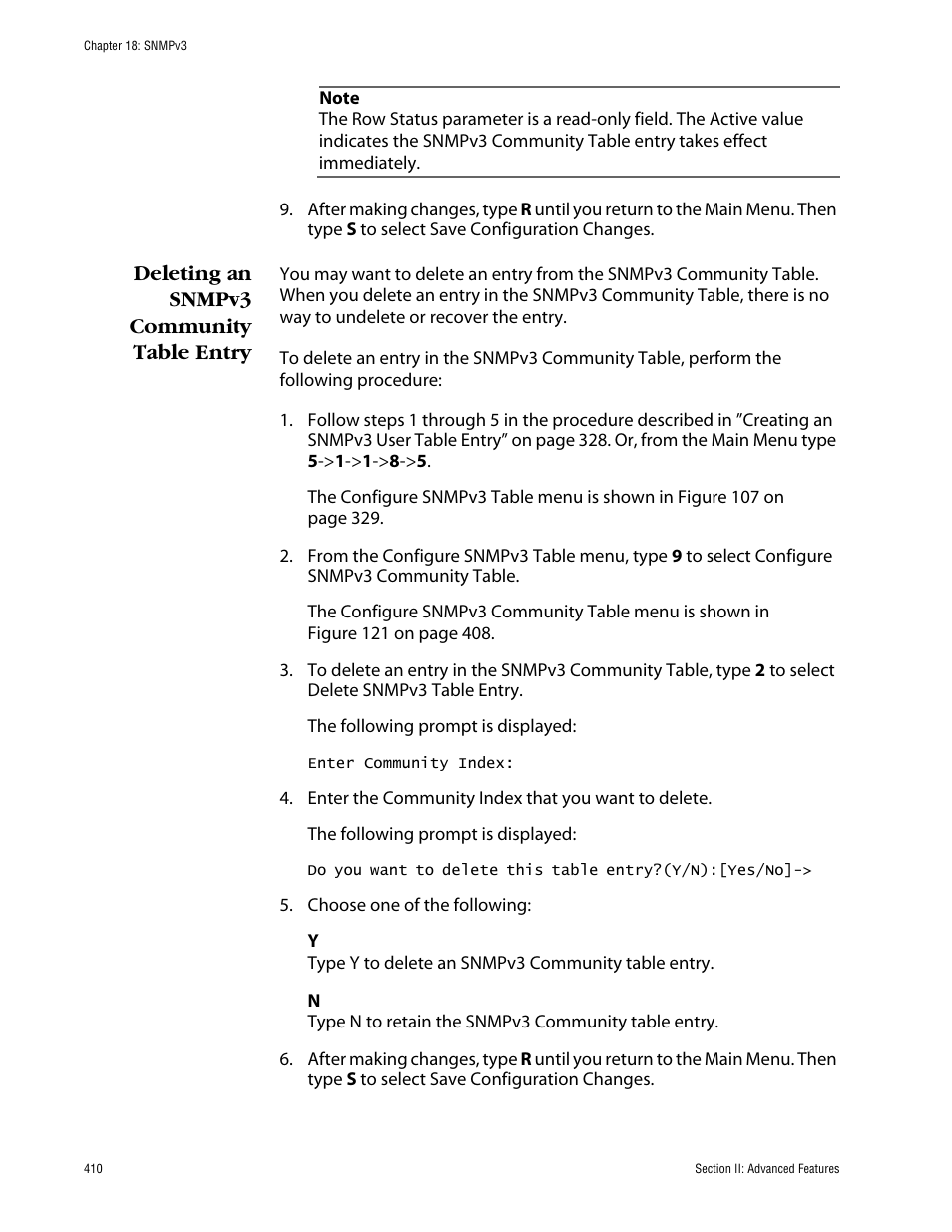 Deleting an snmpv3 community table entry | Allied Telesis AT-S63 User Manual | Page 410 / 710