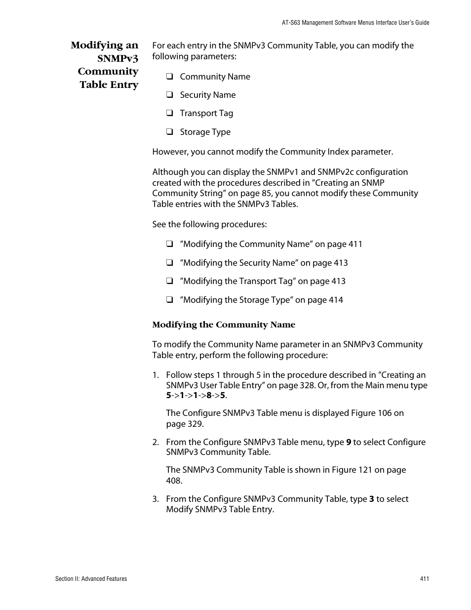 Modifying an snmpv3 community table entry, Modifying the community name | Allied Telesis AT-S63 User Manual | Page 411 / 710