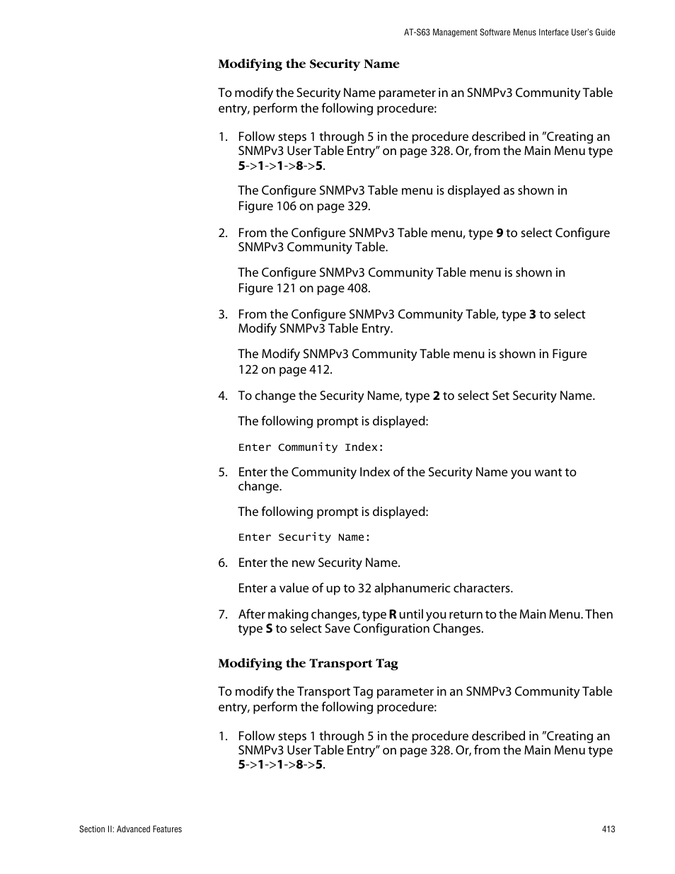 Modifying the security name, Modifying the transport tag | Allied Telesis AT-S63 User Manual | Page 413 / 710