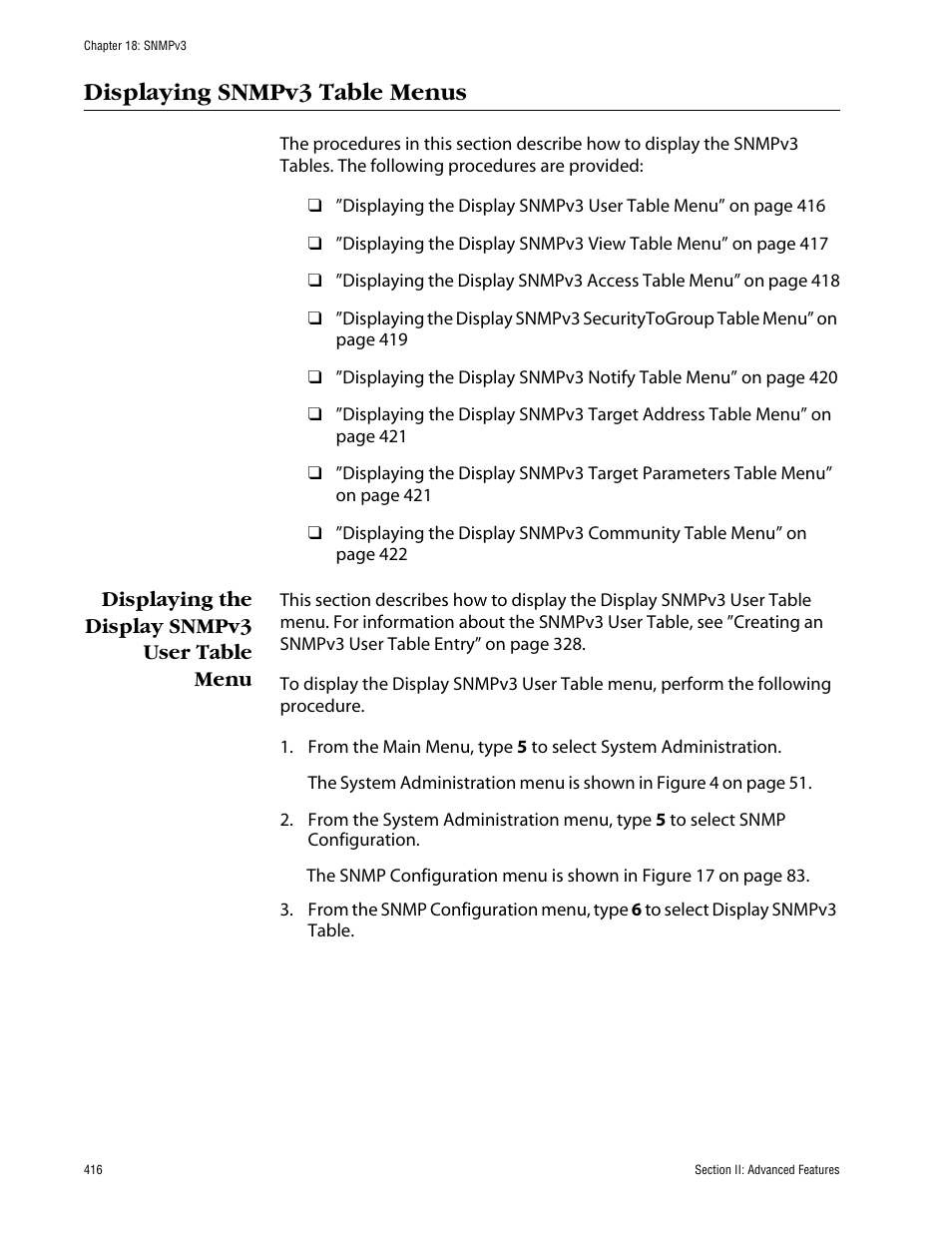 Displaying snmpv3 table menus, Displaying the display snmpv3 user table menu | Allied Telesis AT-S63 User Manual | Page 416 / 710