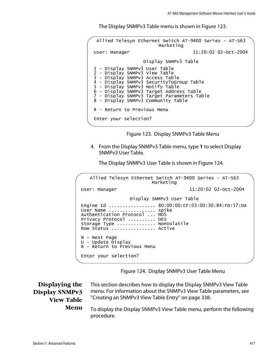 Displaying the display snmpv3 view table menu | Allied Telesis AT-S63 User Manual | Page 417 / 710