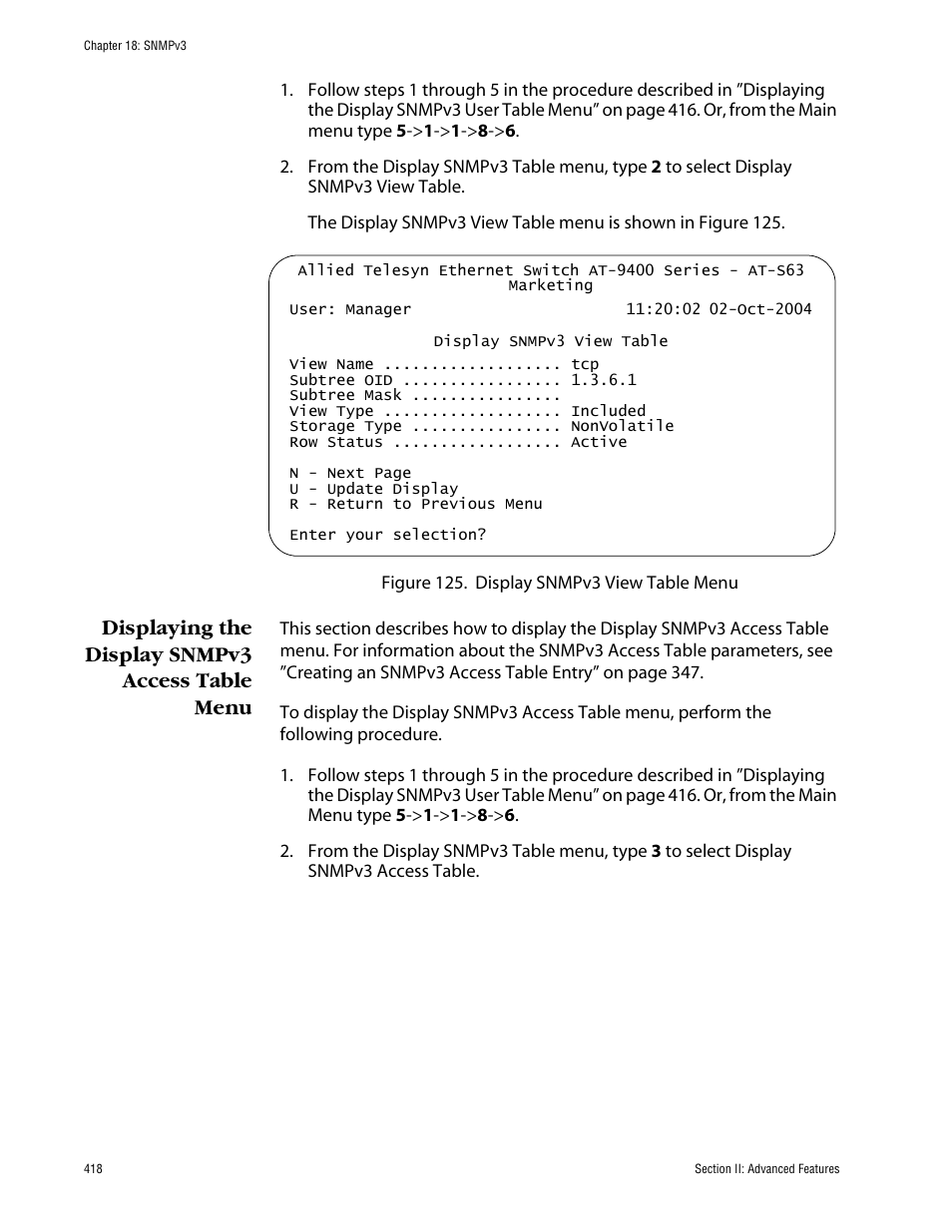 Displaying the display snmpv3 access table menu | Allied Telesis AT-S63 User Manual | Page 418 / 710
