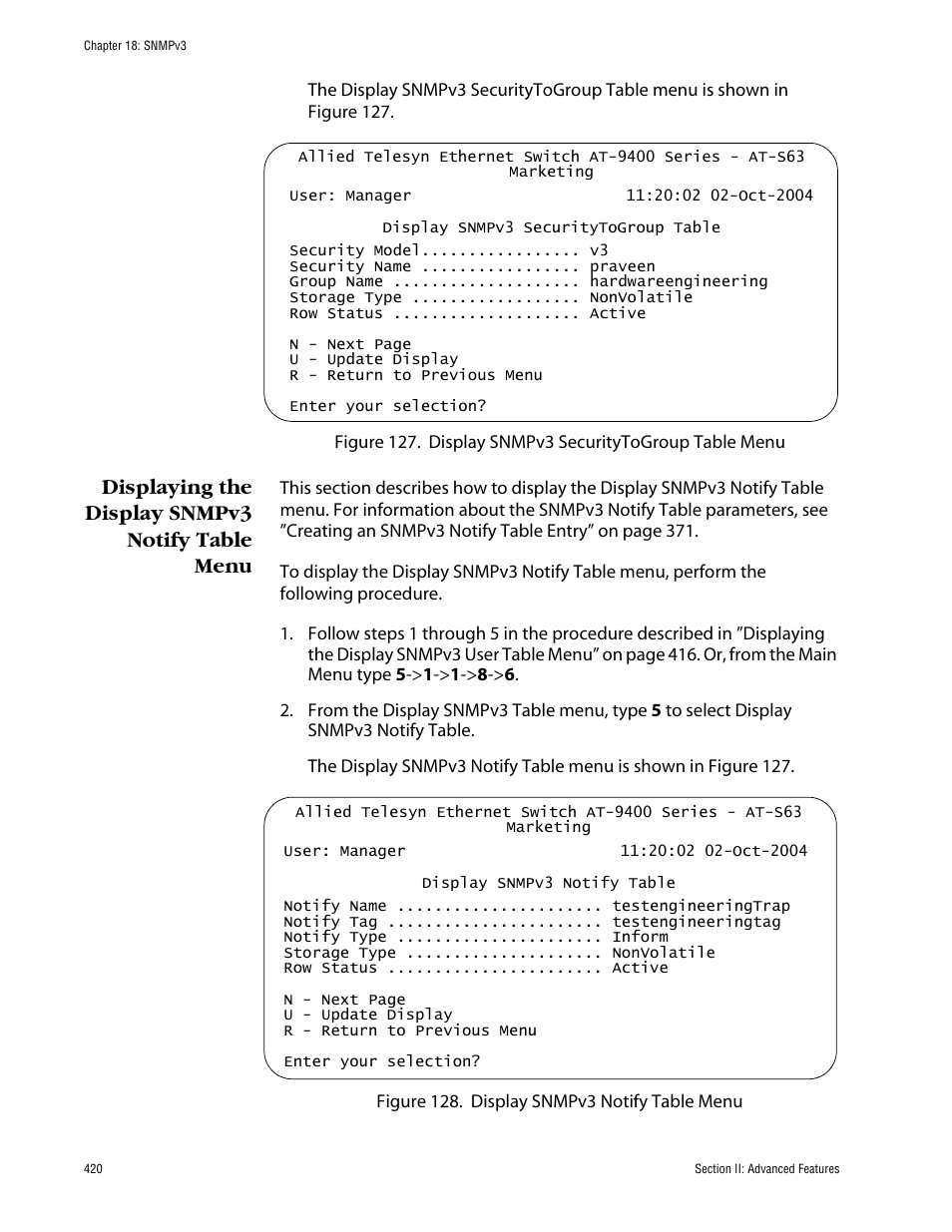 Displaying the display snmpv3 notify table menu | Allied Telesis AT-S63 User Manual | Page 420 / 710