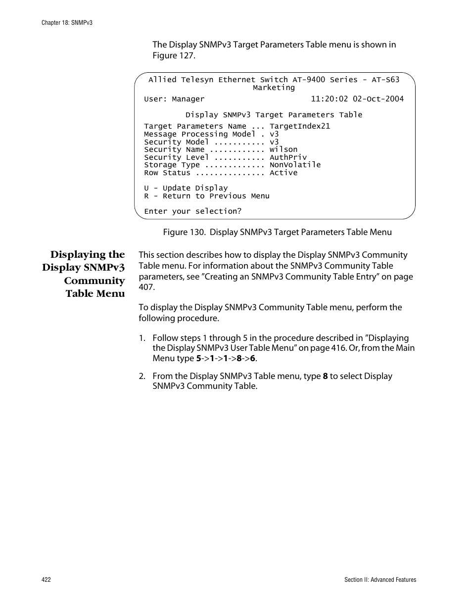 Displaying the display snmpv3 community table menu | Allied Telesis AT-S63 User Manual | Page 422 / 710