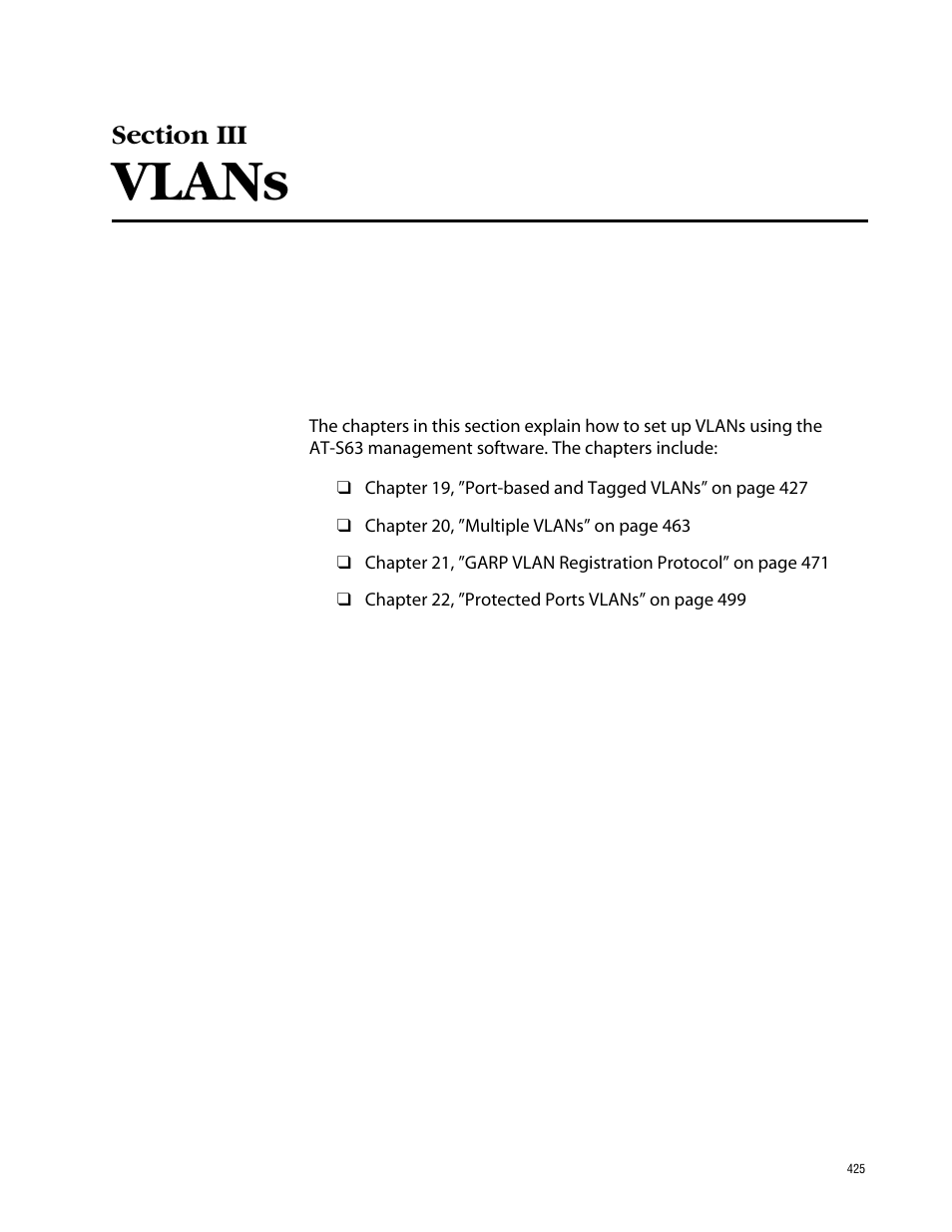Section iii, Vlans, Section iii vlans | Allied Telesis AT-S63 User Manual | Page 425 / 710