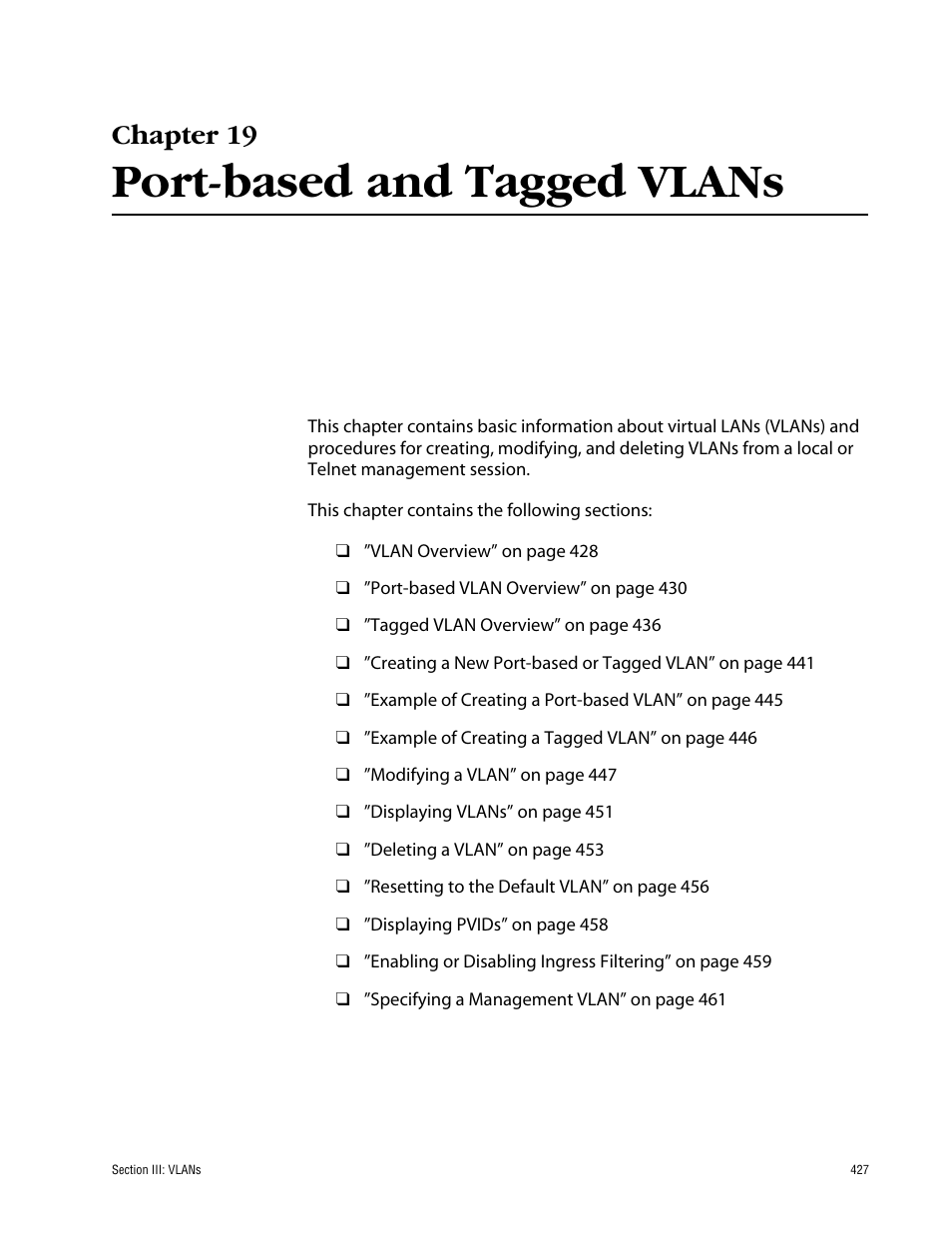 Chapter 19, Port-based and tagged vlans, Chapter 19 port-based and tagged vlans | Allied Telesis AT-S63 User Manual | Page 427 / 710