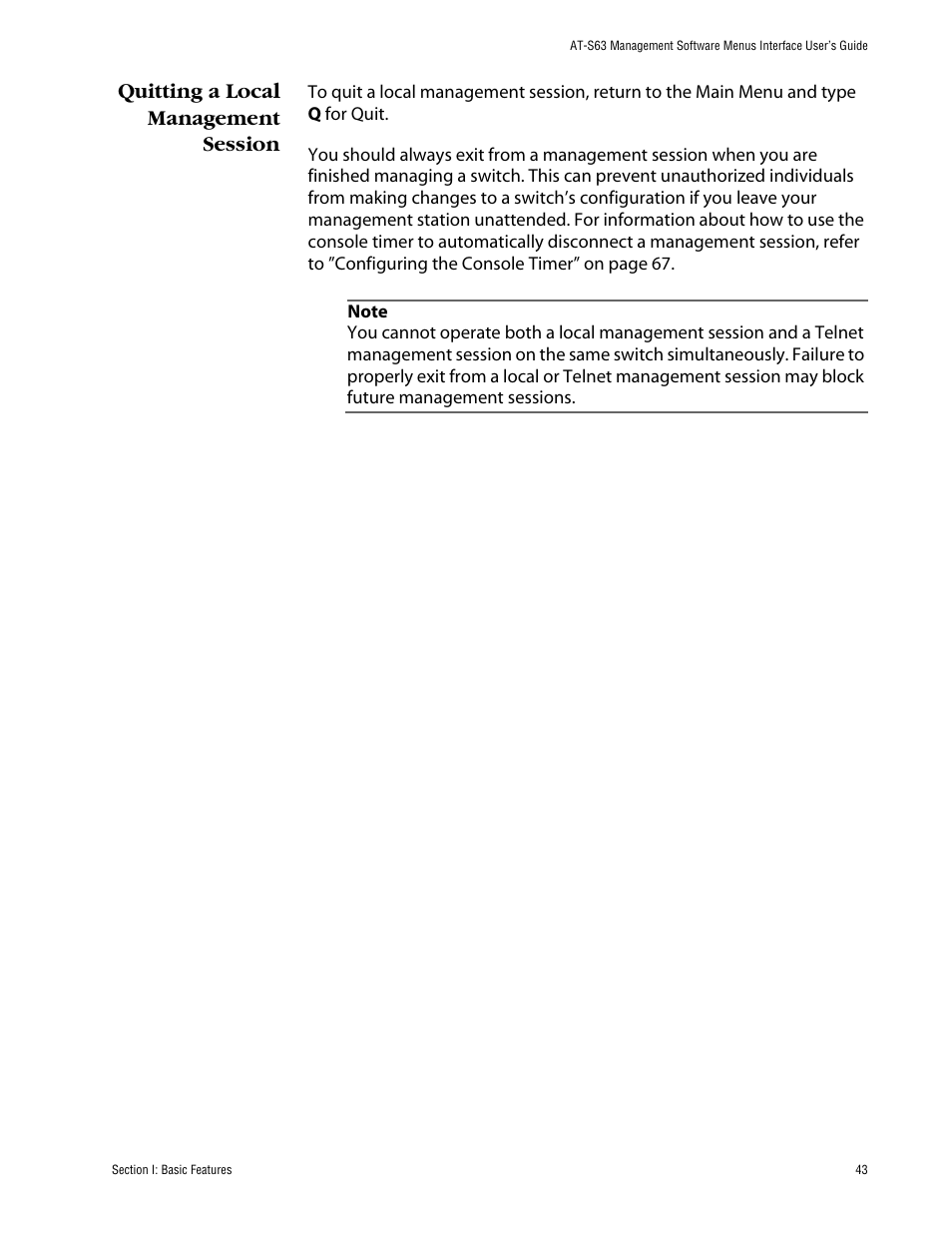 Quitting a local management session | Allied Telesis AT-S63 User Manual | Page 43 / 710
