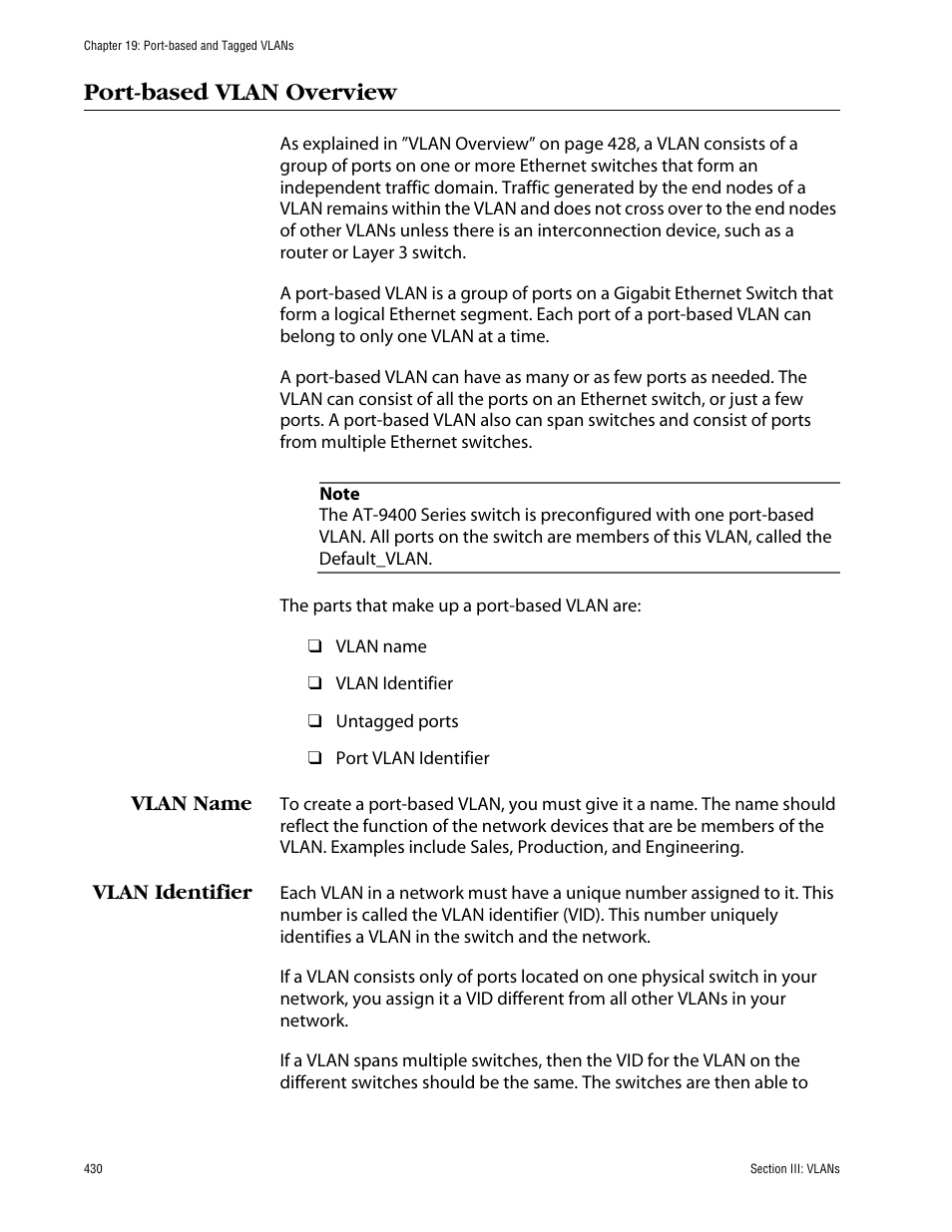 Port-based vlan overview, Vlan name, Vlan identifier | Vlan name vlan identifier | Allied Telesis AT-S63 User Manual | Page 430 / 710