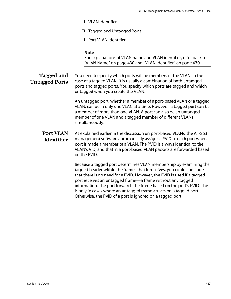 Tagged and untagged ports, Port vlan identifier, Tagged and untagged ports port vlan identifier | Allied Telesis AT-S63 User Manual | Page 437 / 710
