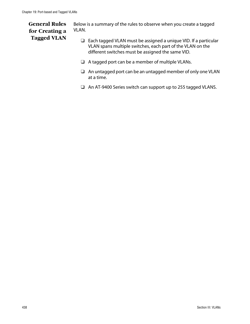 General rules for creating a tagged vlan | Allied Telesis AT-S63 User Manual | Page 438 / 710
