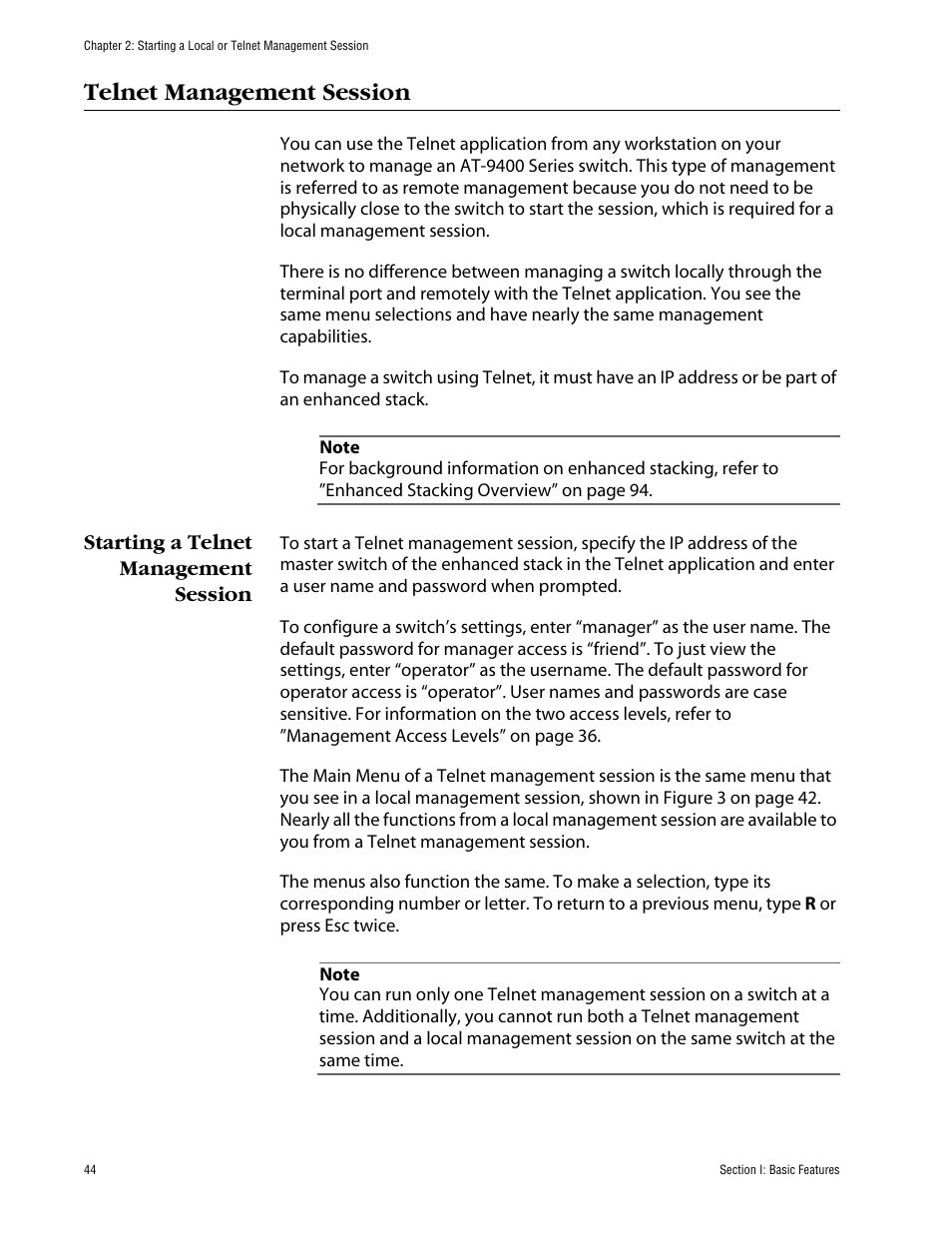 Telnet management session, Starting a telnet management session | Allied Telesis AT-S63 User Manual | Page 44 / 710
