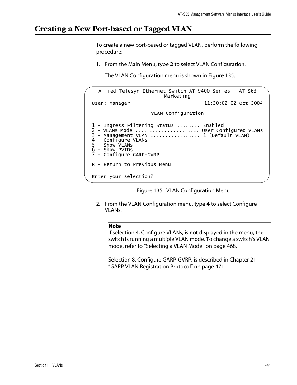 Creating a new port-based or tagged vlan | Allied Telesis AT-S63 User Manual | Page 441 / 710