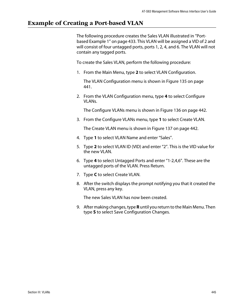 Example of creating a port-based vlan | Allied Telesis AT-S63 User Manual | Page 445 / 710