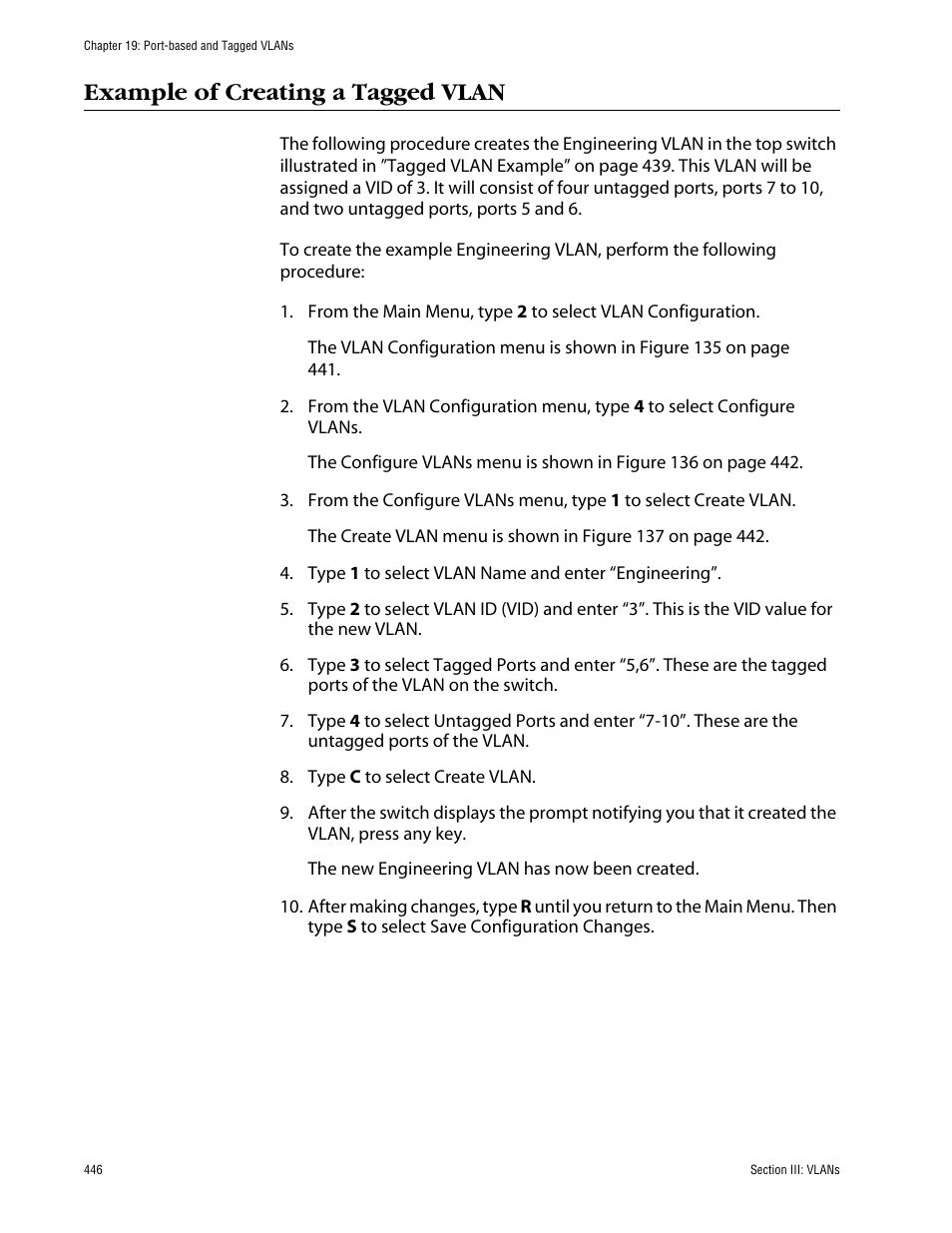 Example of creating a tagged vlan | Allied Telesis AT-S63 User Manual | Page 446 / 710