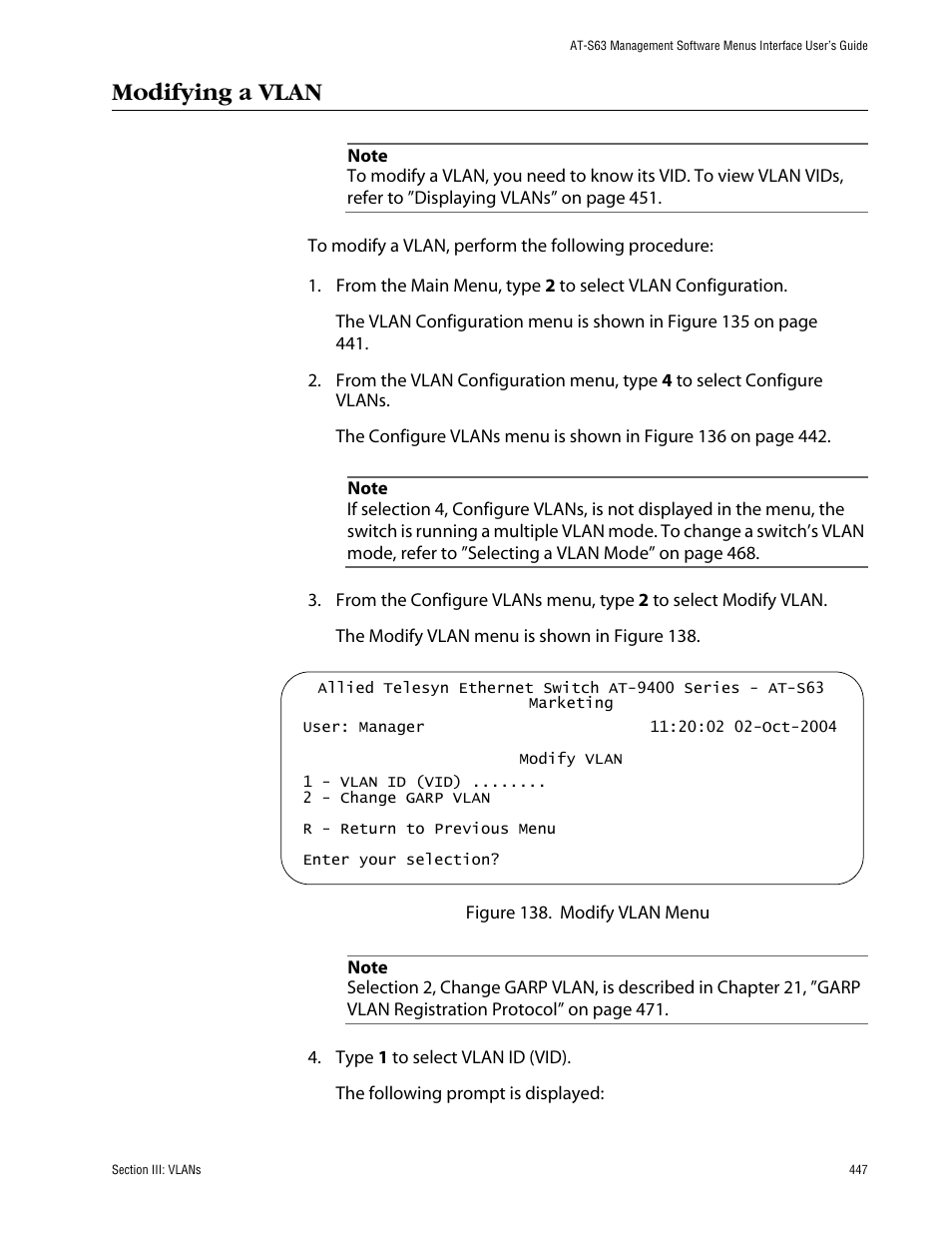 Modifying a vlan | Allied Telesis AT-S63 User Manual | Page 447 / 710