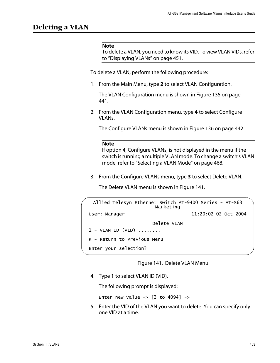 Deleting a vlan | Allied Telesis AT-S63 User Manual | Page 453 / 710