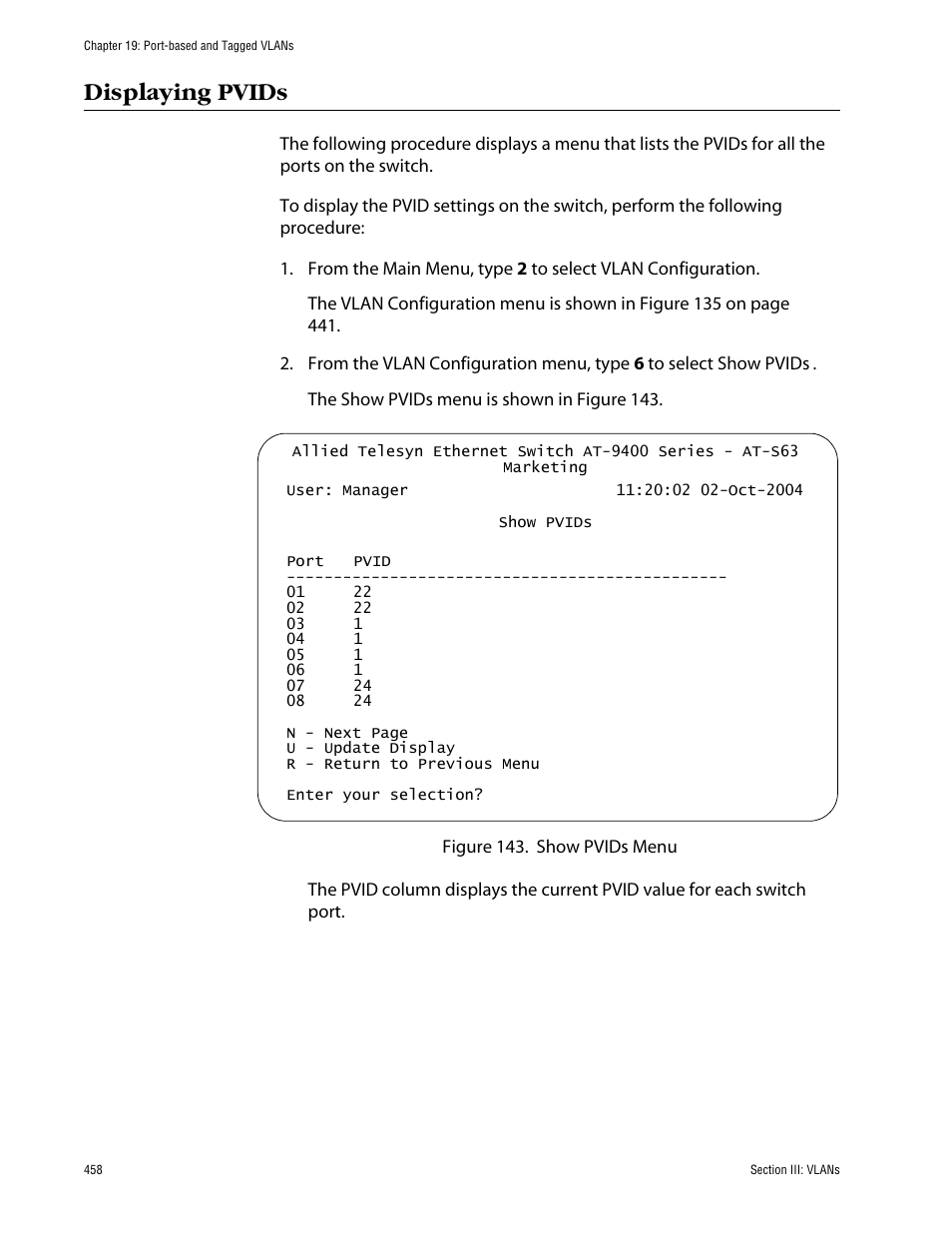 Displaying pvids | Allied Telesis AT-S63 User Manual | Page 458 / 710