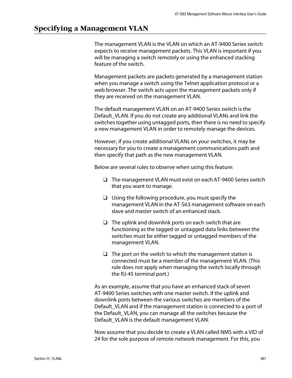 Specifying a management vlan | Allied Telesis AT-S63 User Manual | Page 461 / 710