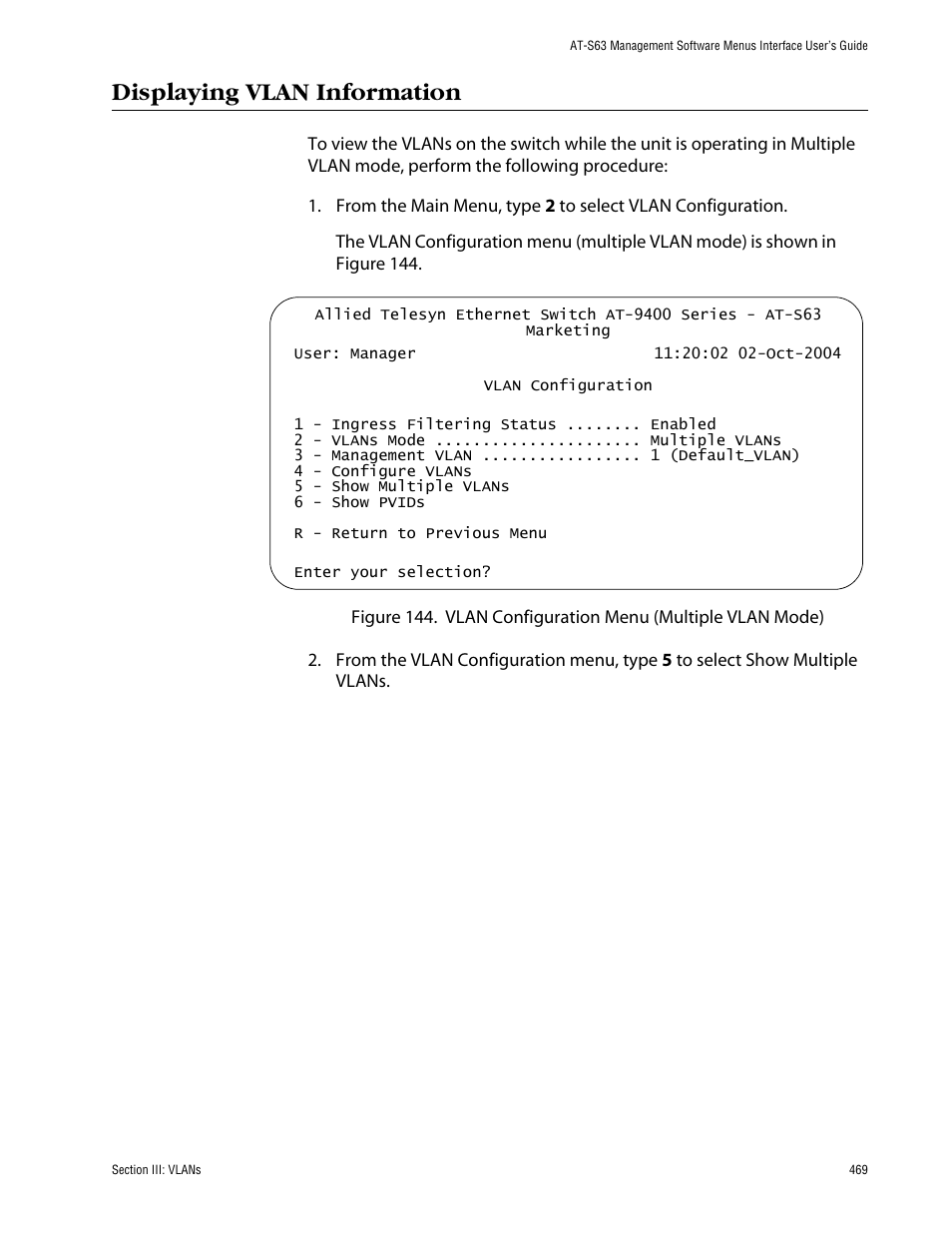 Displaying vlan information | Allied Telesis AT-S63 User Manual | Page 469 / 710