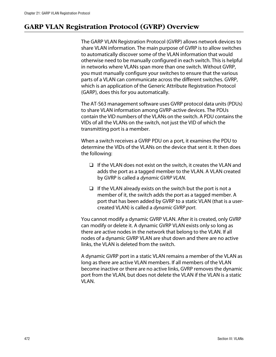 Garp vlan registration protocol (gvrp) overview | Allied Telesis AT-S63 User Manual | Page 472 / 710
