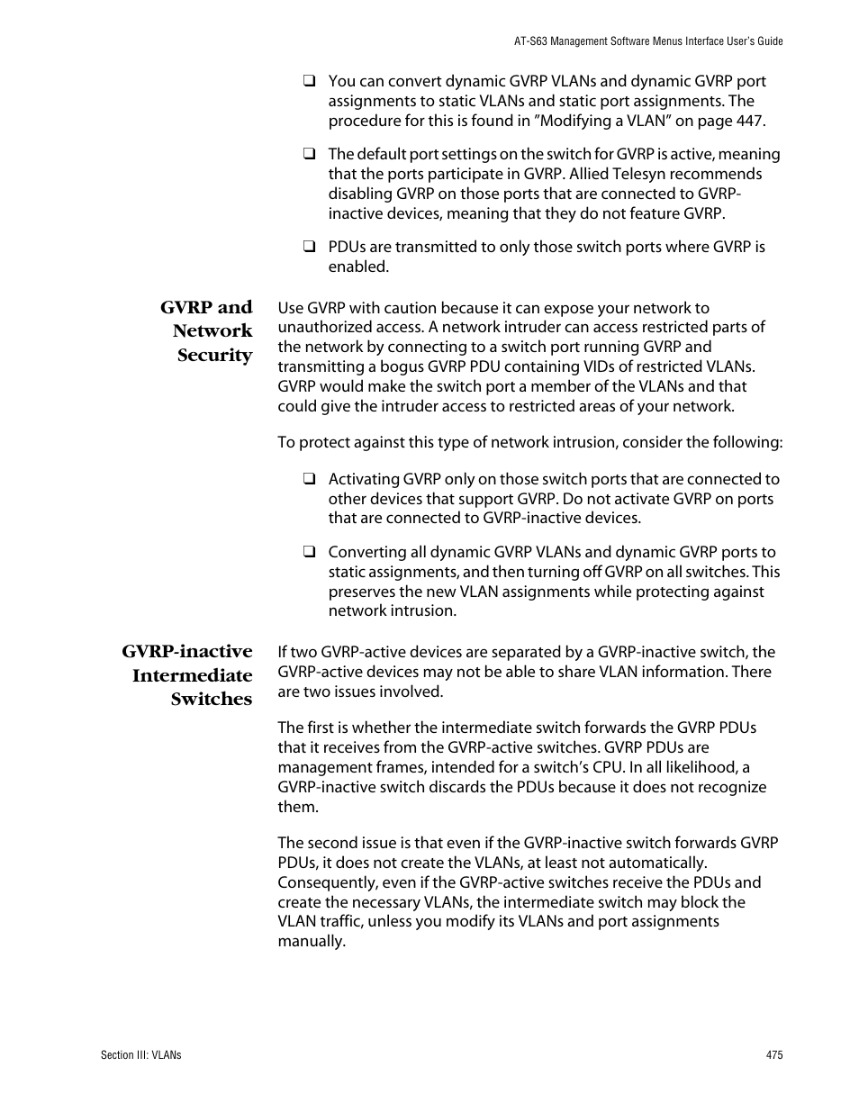 Gvrp and network security, Gvrp-inactive intermediate switches | Allied Telesis AT-S63 User Manual | Page 475 / 710