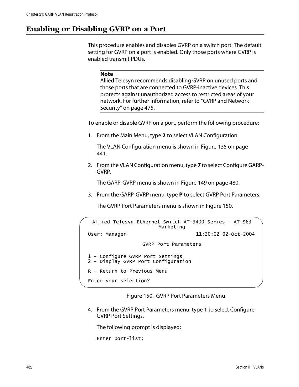 Enabling or disabling gvrp on a port | Allied Telesis AT-S63 User Manual | Page 482 / 710